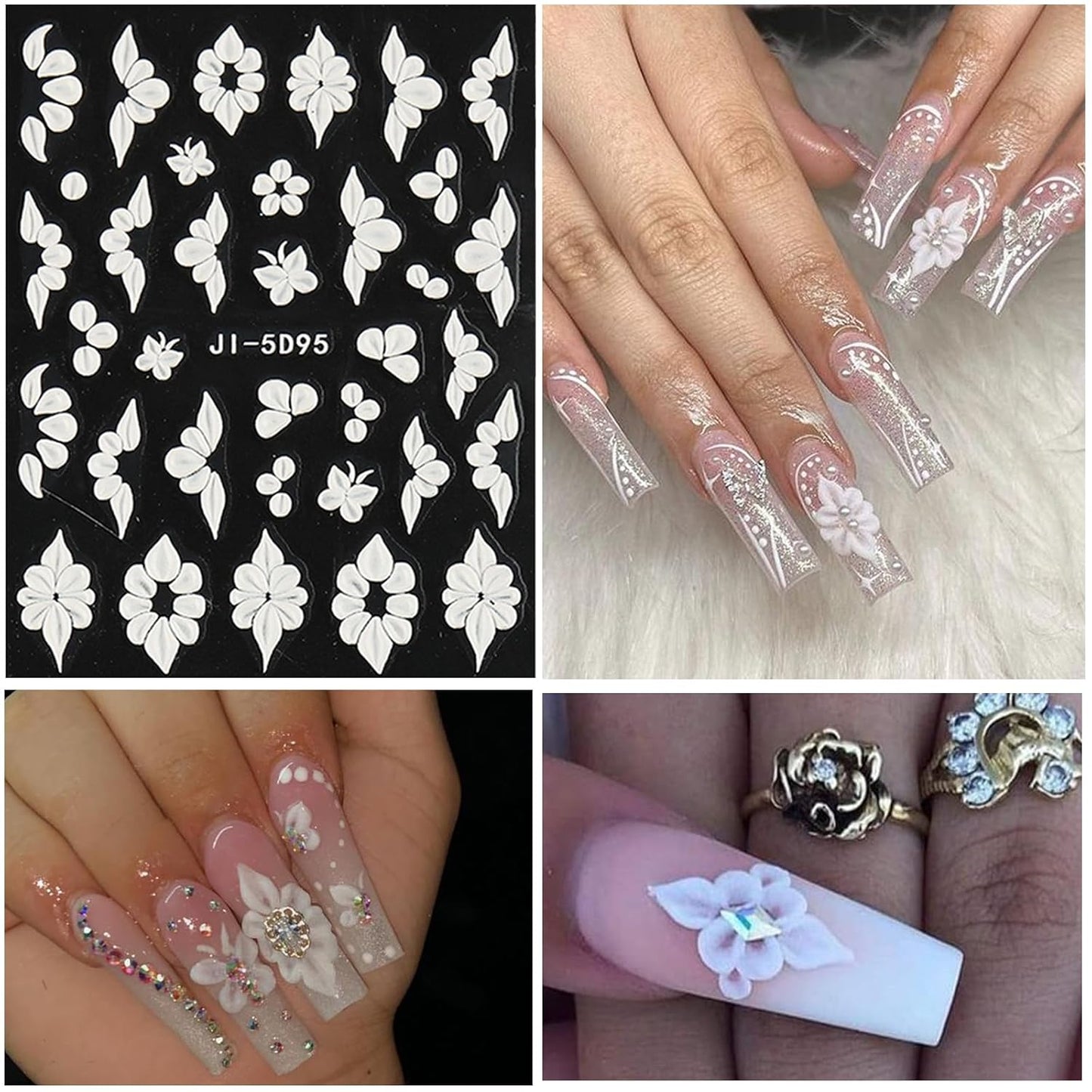 6 Sheets Flower Nail Art Stickers Decals 5D Embossed Nail Decals Spring Summer Self-Adhesive Nails Accessories 3D Flowers Decal for Women Nails Design Decoration