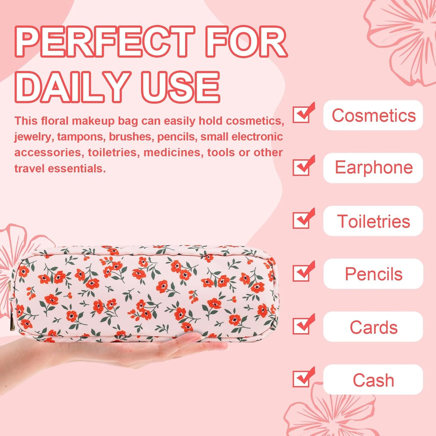 Waterproof Small Floral Pencil Case Makeup Bag for Purse,Cute Flower Pencil Pouch Preppy Nylon Makeup Brush Holder with Zipper,Girls Portable Storage Case Small Pen Bag for Work(Slim Pink-Flowers)