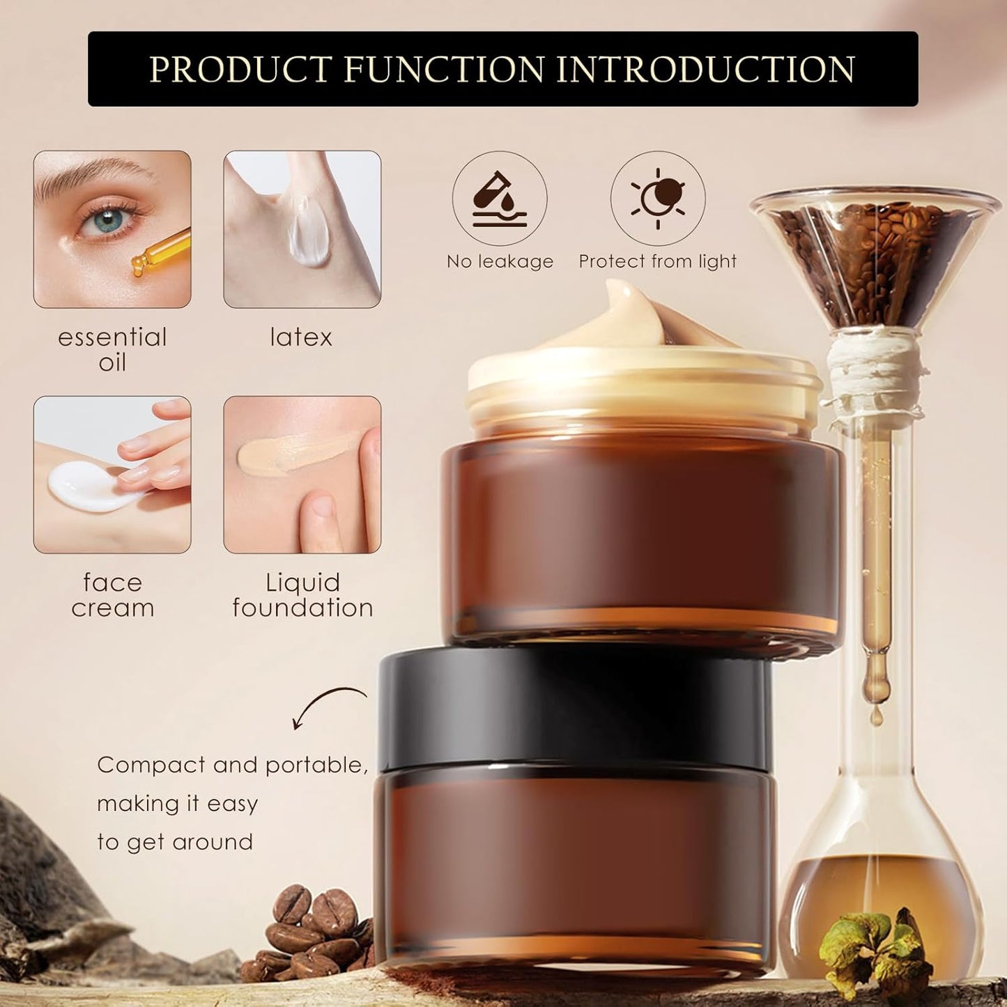 Lil Ray 2 Oz Glass Cream Jars with Black Lid, Empty Amber Glass Containers, Refillable Cosmetic Vials for Lotion, Ointment (12 PCS)