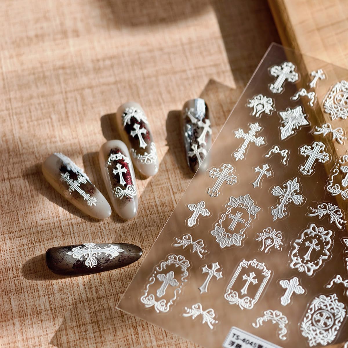 White Lace Cross Nail Art Stickers, 5D Embossed Manicure Decals for Nail Art Design Self-Adhesive Nails Supplies Accessories for Women