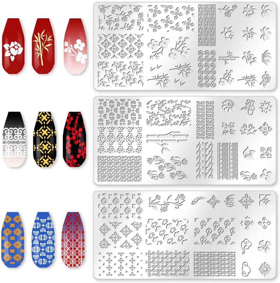 3Pcs Traditional Chinese Style Nail Stamping Plate Set Bamboo Floral Steel Nail Stamp Templates Clear Silicone Nails Stamping with Stamper Scraper for Manicure Printing