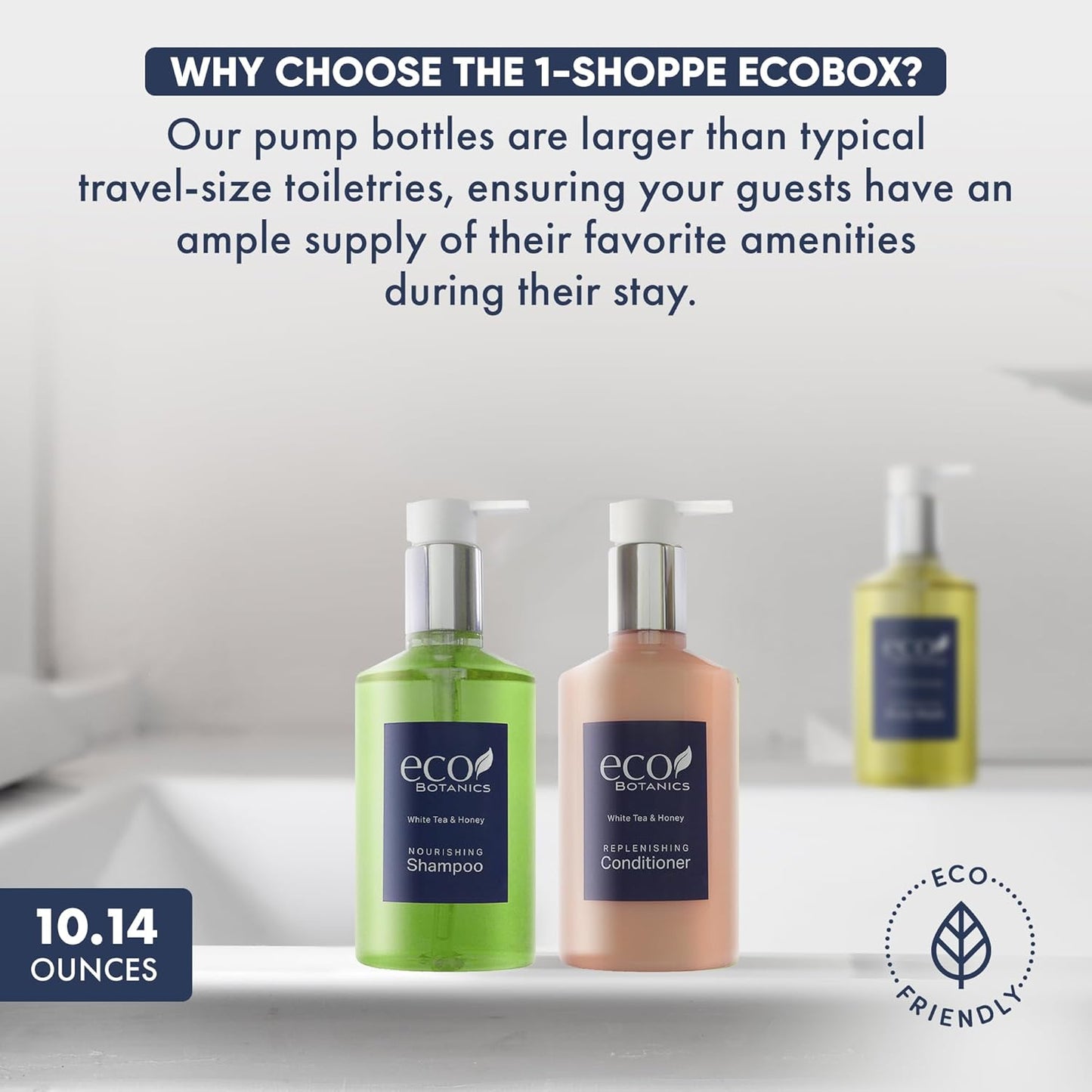 A 40 Piece Ecobox All-In-Kit of our Ecobotanics 10.14 oz. 300 ml Bottles-12 Shampoo, 8 Conditioners, 12 Body Wash & 8 Lotions