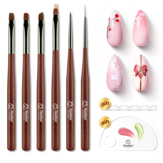 Beetles Nail Art Brushes Set, 6 PCS Multifunctional Nail Brushes for Nail Art Wooden Liner Brush Nail Drawing Pen Nail Art Tools with Nail Brush Holder&Palette for Nail Art Design