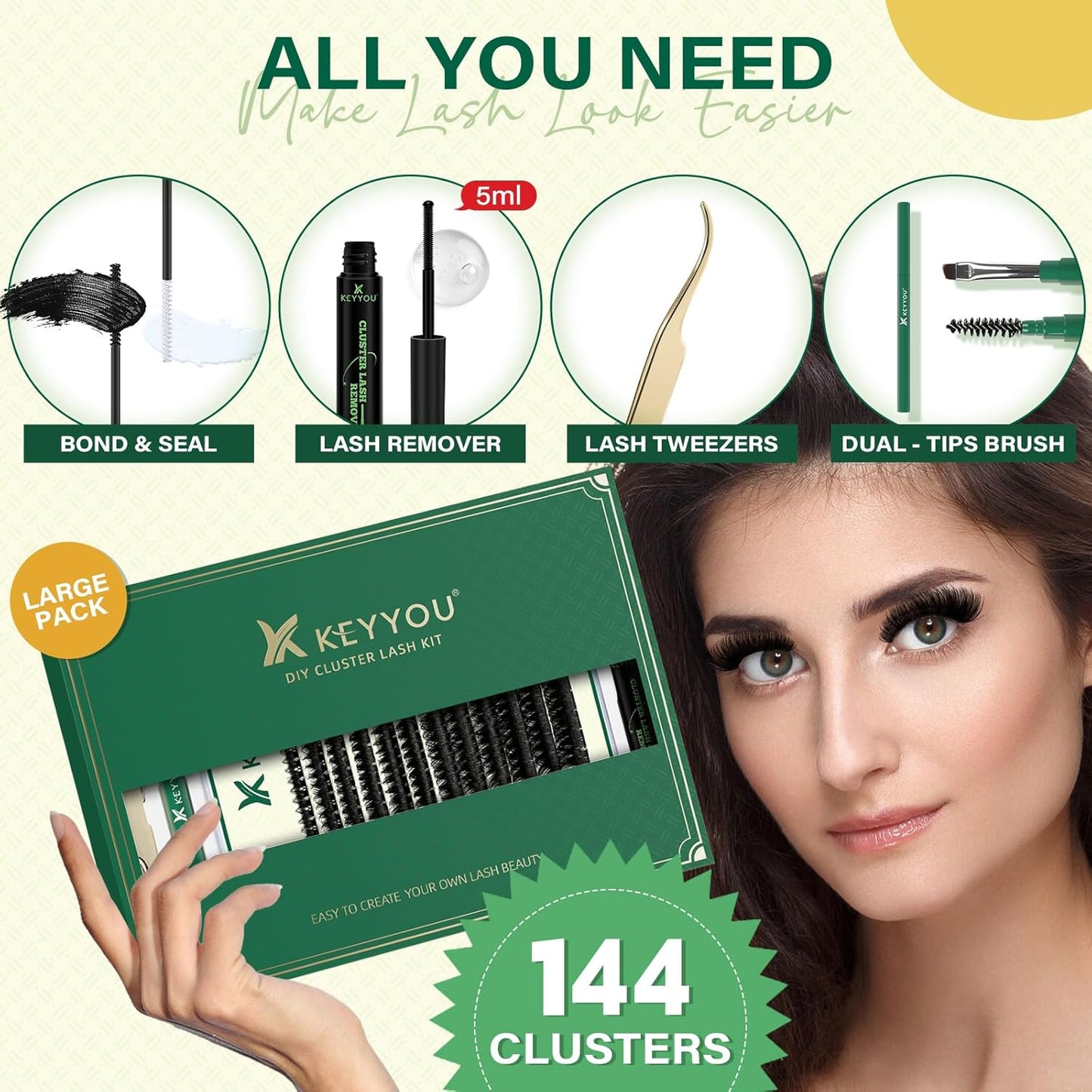 DIY Lash Extension Kit KEYYOU 144pcs Lash Clusters Eyelash Extension Kit with Mascara Brush Bond and Seal Lash Glue Remover Lash Applicators Lash Brush for DIY Lash Extensions (Y04 Kit)