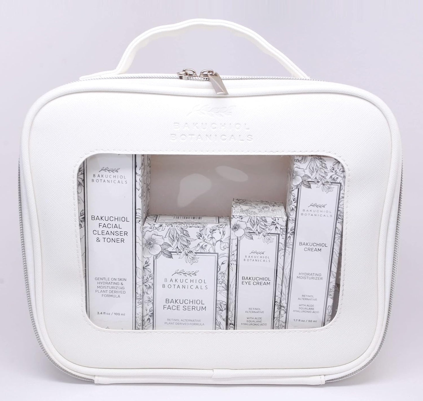 Bakuchol Botanicals Gift Set with Travel Case, Includes Face Serum, Toner & Cleanser All-in-One, Eye Cream, Moisturizer