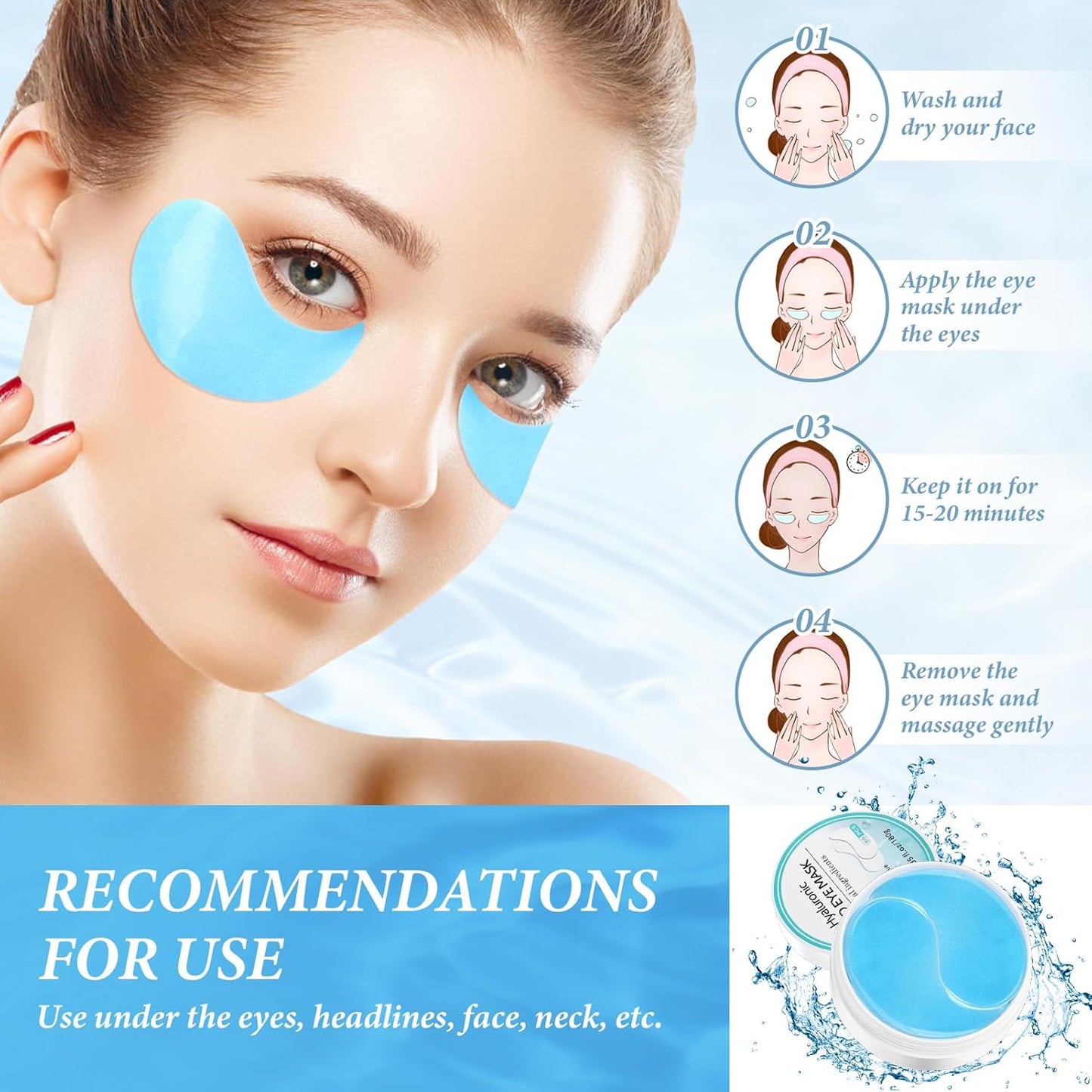 Under Eye Patches for Dark Circles, Eye Masks for Puffy Eyes Wrinkles Under Eye Bags Firmness 30 Pairs Skin Treatment Pads with Hyaluronic Acid and Collagen Women Men (Blue)