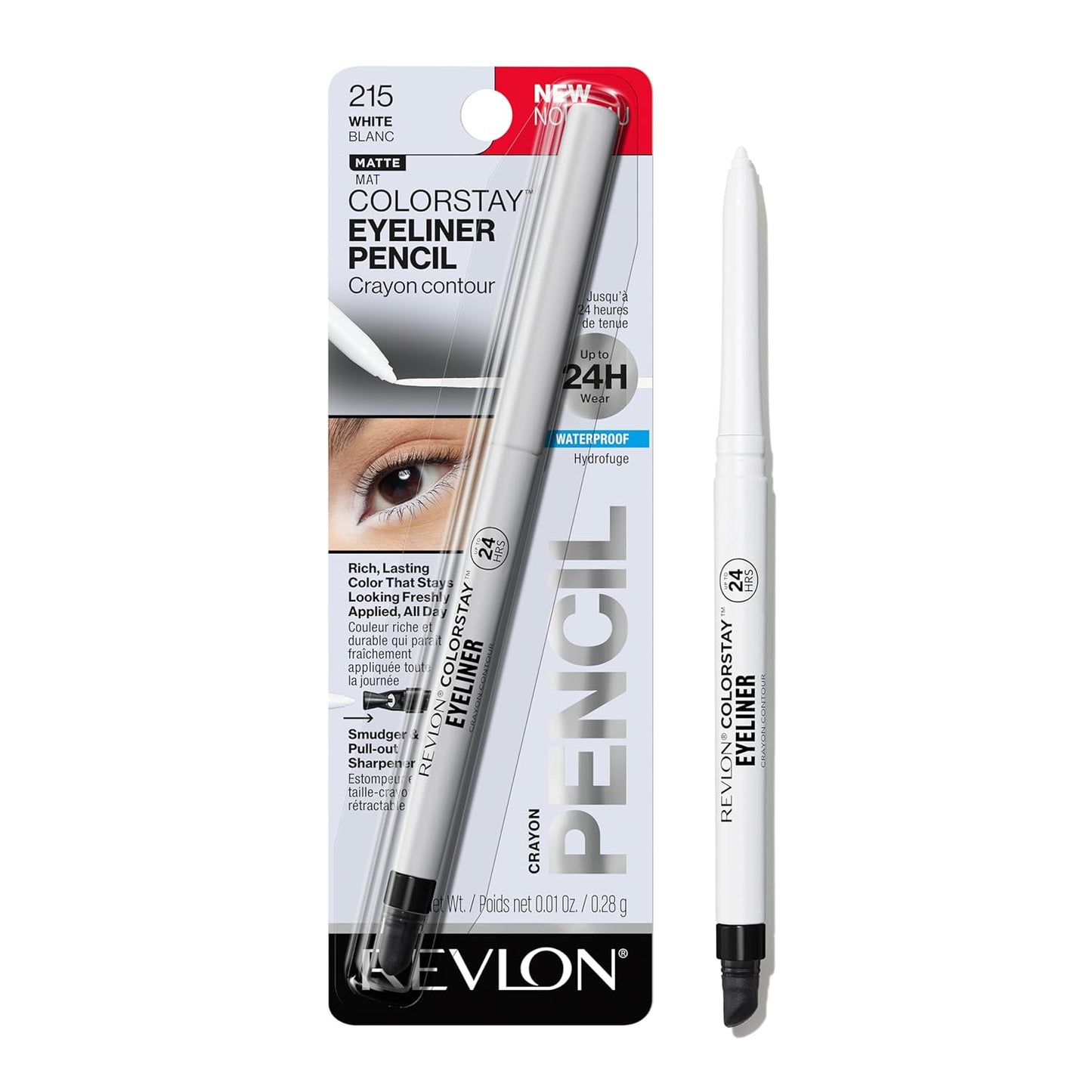 REVLON ColorStay Pencil Waterproof Eyeliner, Smudge-Proof, Eye Makeup with Built-In Sharpener, 215 White, 0.01 oz