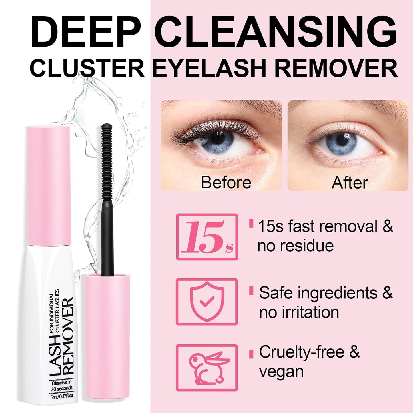 Deep Cleansing Cluster Lash Remover, Eyelash Glue Remover for Individual False Lashes, 15s Fast Removal, Safe Ingredients, Cruelty-Free, 0.17 fl oz