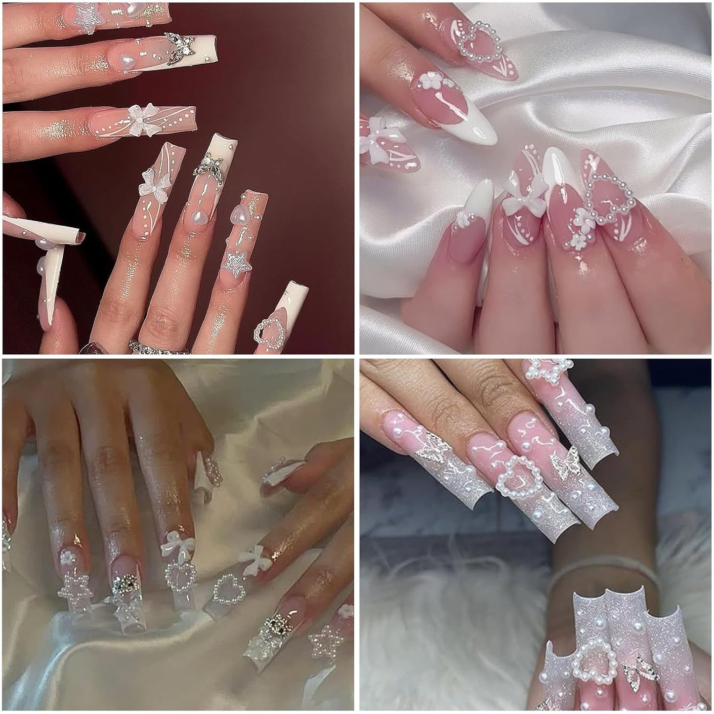 Nail Art Pearls with Glue Gel Flatback Pearls White Bow Nail Charms Heart Butterfly Nails Gems Pearls Accessories for Women Nails Design Decoration