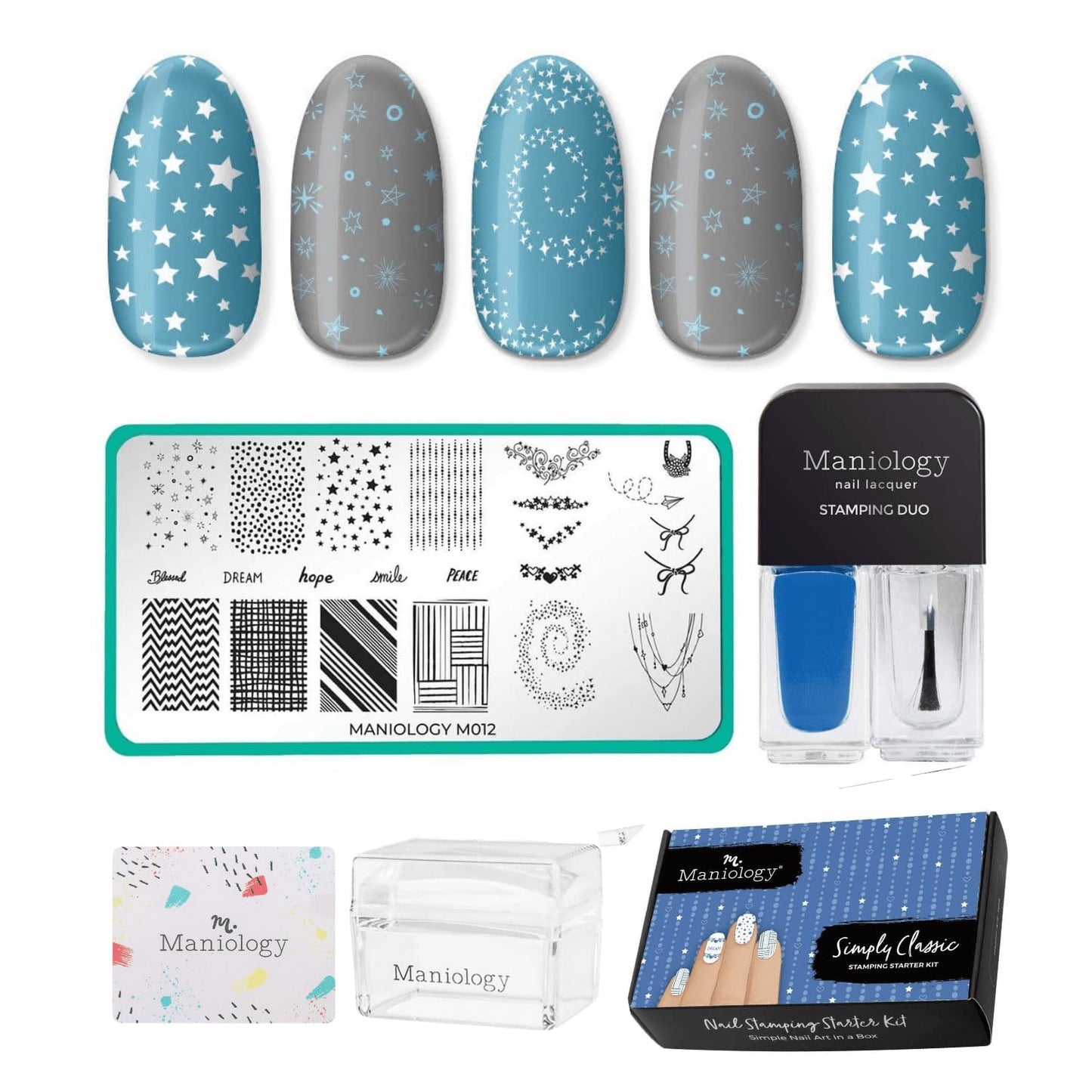 Maniology Simply Classic Nail Stamping Starter Kit | Timeless Nail Art, Elegant Patterns DIY Manicure – Includes Stamping Plate, Polish, Top Coat, Stamper & Scraper Card