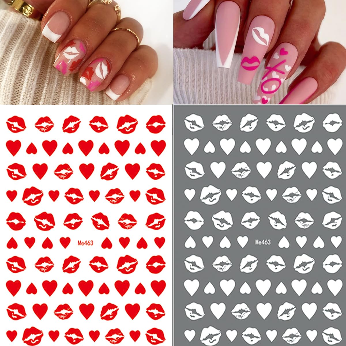 10 Sheets Valentine's Day Nail Art Stickers Sexy Lips Nail Decals 3D Holographic Heart Nail Stickers Self-Adhesive Design Black White Gold Silver Laser Valentines Stickers for Women Nail Decoration