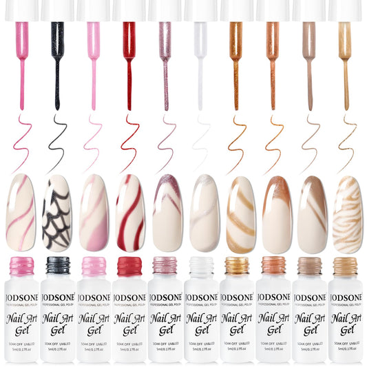 JODSONE Nail Art Gel Liner Set 10 Colors Glitter Red Black Pink Gel Nail polish Need U V Lamp Cured with Thin Brush at Home Salon Design
