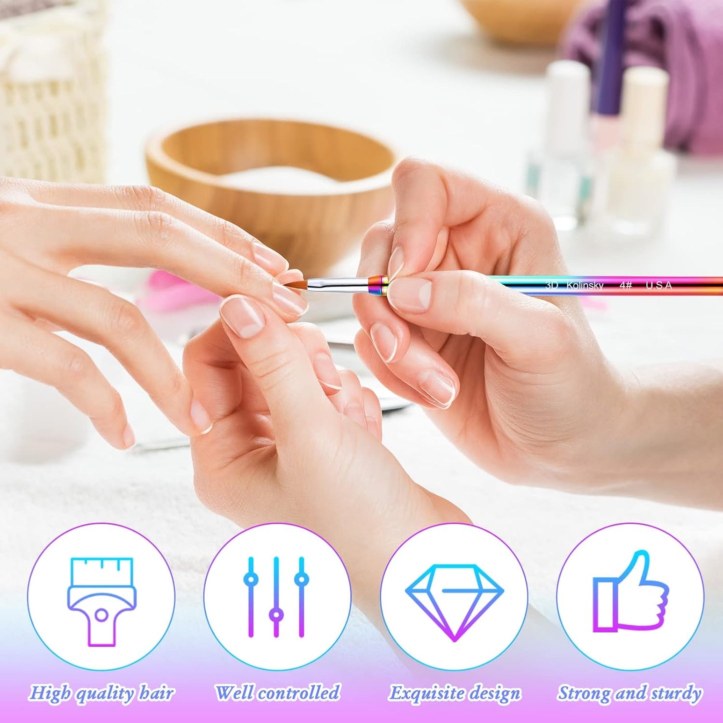 Patelai 3 Pcs Kolinsky 3D Nail Art Brush Set for Acrylic Powder Sculpture Nail Art Brush Size 2/4/5 with Rainbow Metal Nonslip Grip Handle for Acrylic Powder Application