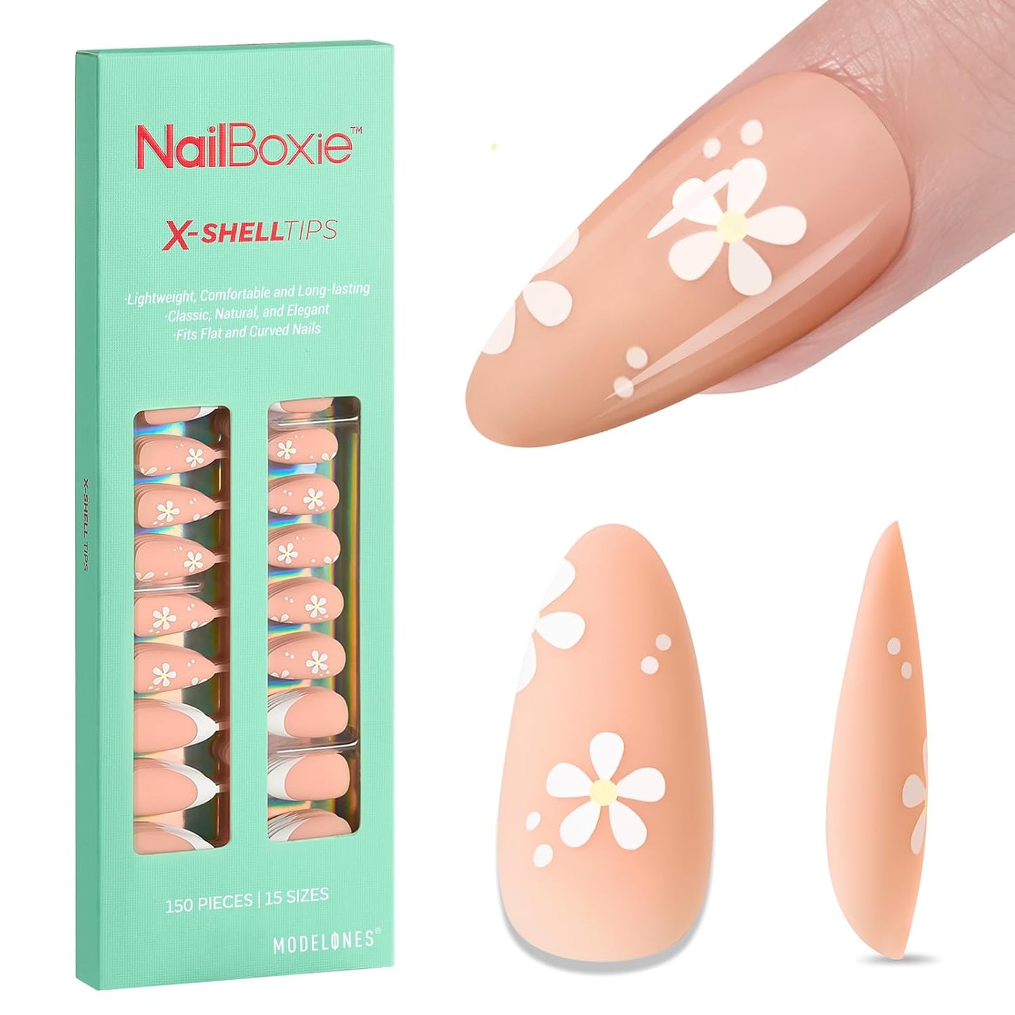 modelones Press on Nails, 150 Pcs French Tip Press on Nails, NailBoxie Brown Almond Shape Nail Tips, Natural Salon Finish Fake Nails, Ideal for Wedding, Party, Daily DIY Nail, 15 Sizes