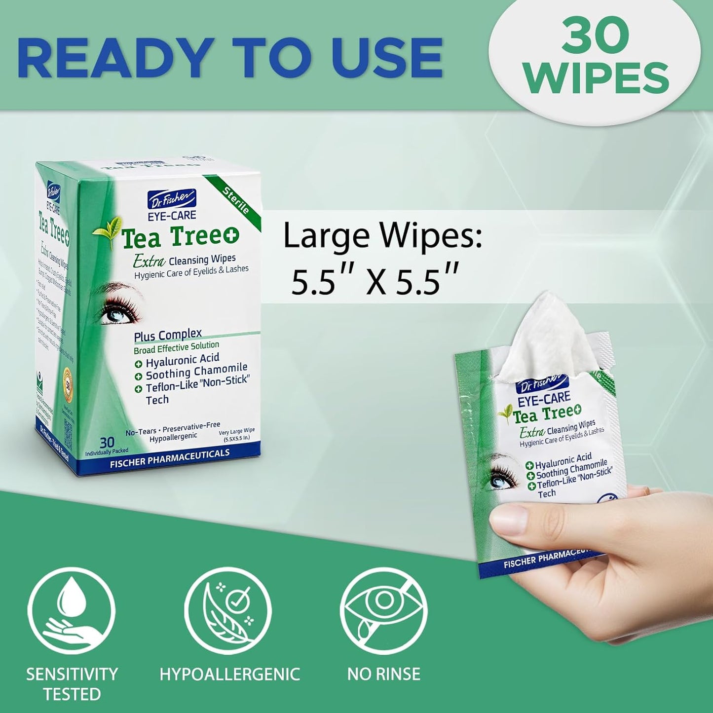 Dr. Fischer Tea Tree Oil Eye Wipes - Eyelid Wipes for Sensitive Eyes with Hyaluronic Acid and Chamomile, Makeup Remover, Daily Cleanser (60 wipes)