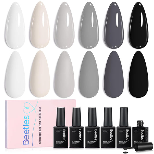 Beetles Gray Gel Polish Set 6 Colors White Black Nude Neutral Gray Milky Gel Nail Polish Kit Soak off Uv Led Lamp Needed Manicure DIY Home Gifts for Women Soft Eclipse