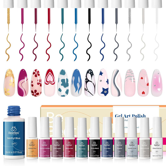 beetles Nail Art Polish-12 Colors Gel Liner Nail Polish Set Pink Blue Red Green White Gold Liner Gel Polish Gel Nail Polish Soak Off Uv Led Lamp Manicure Gifts for Women