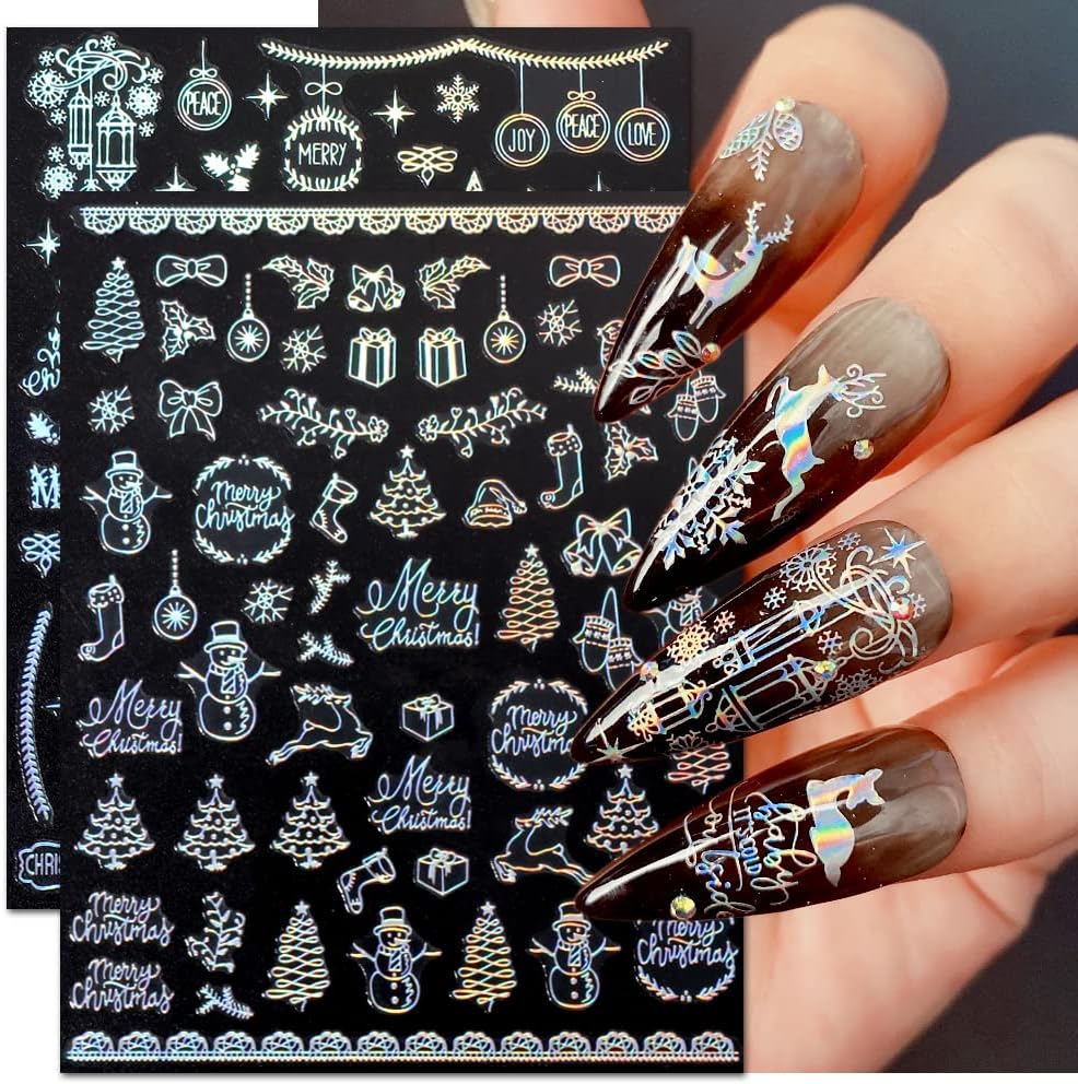 9 Sheets Aurora Christmas Nail Art Stickers Decals Self-Adhesive Pegatinas Uñas Glitter Rose Gold Snowflakes Winter Nail Supplies Nail Art Design Decoration Accessories