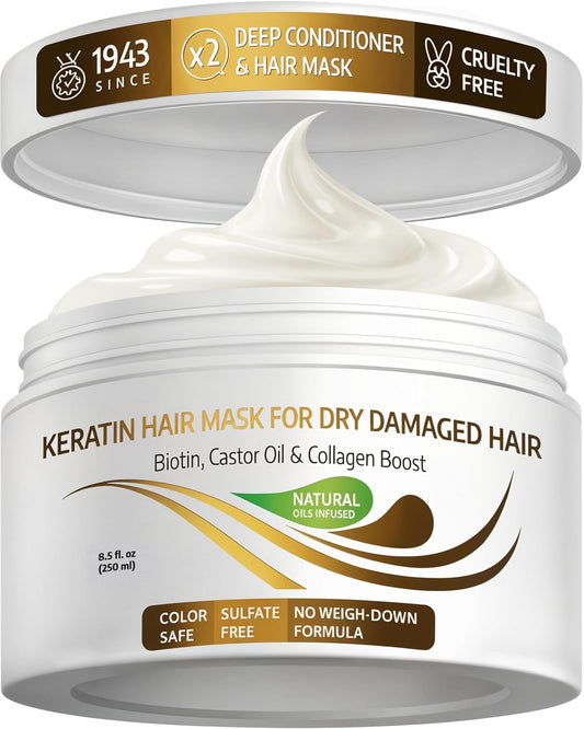 VITAMINS hair cosmetics Keratin Hair Mask - Protein Repair Keratin Treatment - Deep Conditioner for Dry, Damaged, Curly, Straight & Frizzy Hair with Biotin, Collagen & Castor Oil - 8.5 Fl Oz