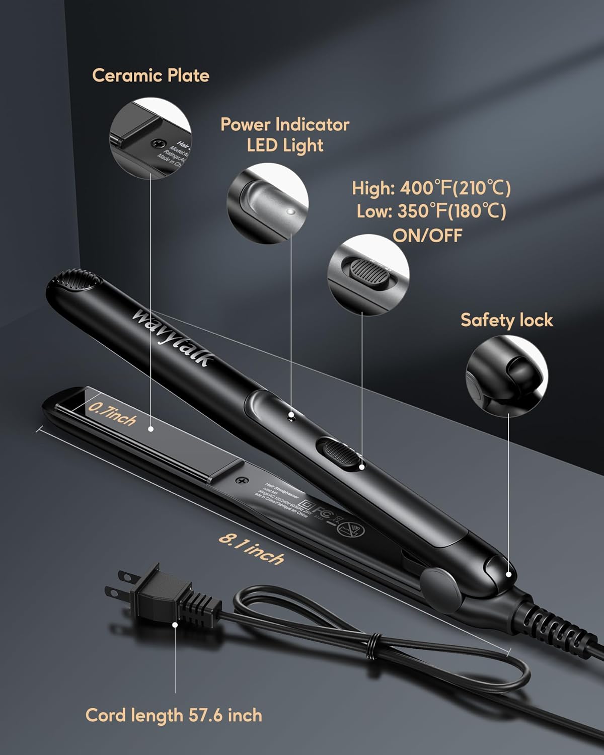 Wavytalk Pro Mini Temperature Adjustable Hair Straightener - 0.7 Inch Small Flat Iron for Short Hair, Curls, Bangs, Travel Use, Dual Voltage, Extended Size, Black