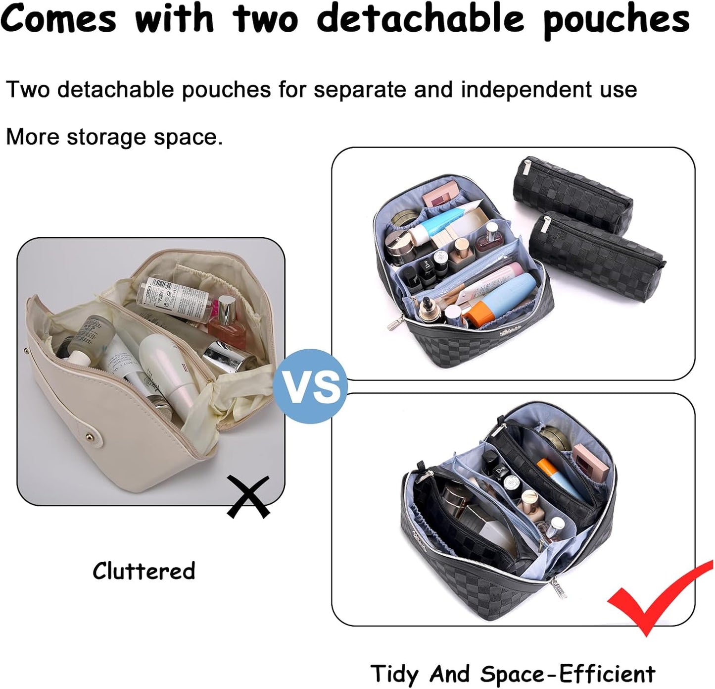 BOYATU Travel Makeup Bags for Women: Vegan Leather Cosmetic Bag Set of 3 - Large Capacity Make up Bag with Divider - Wide Open Waterproof Toiletry Organizer Bag with Handle (L13-Black)