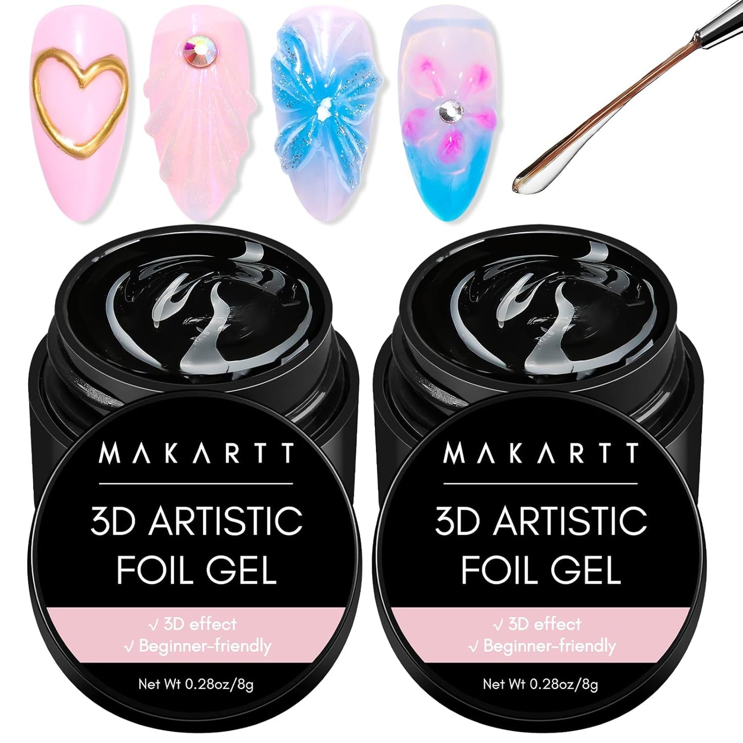 Makartt Nail Foil Glue: 3D Gel Nail Art, 2Pcs 8ml Nails Transfer Gel Adhesive for Linear, Shell, Ripple Designs, UV LED Lamp Required