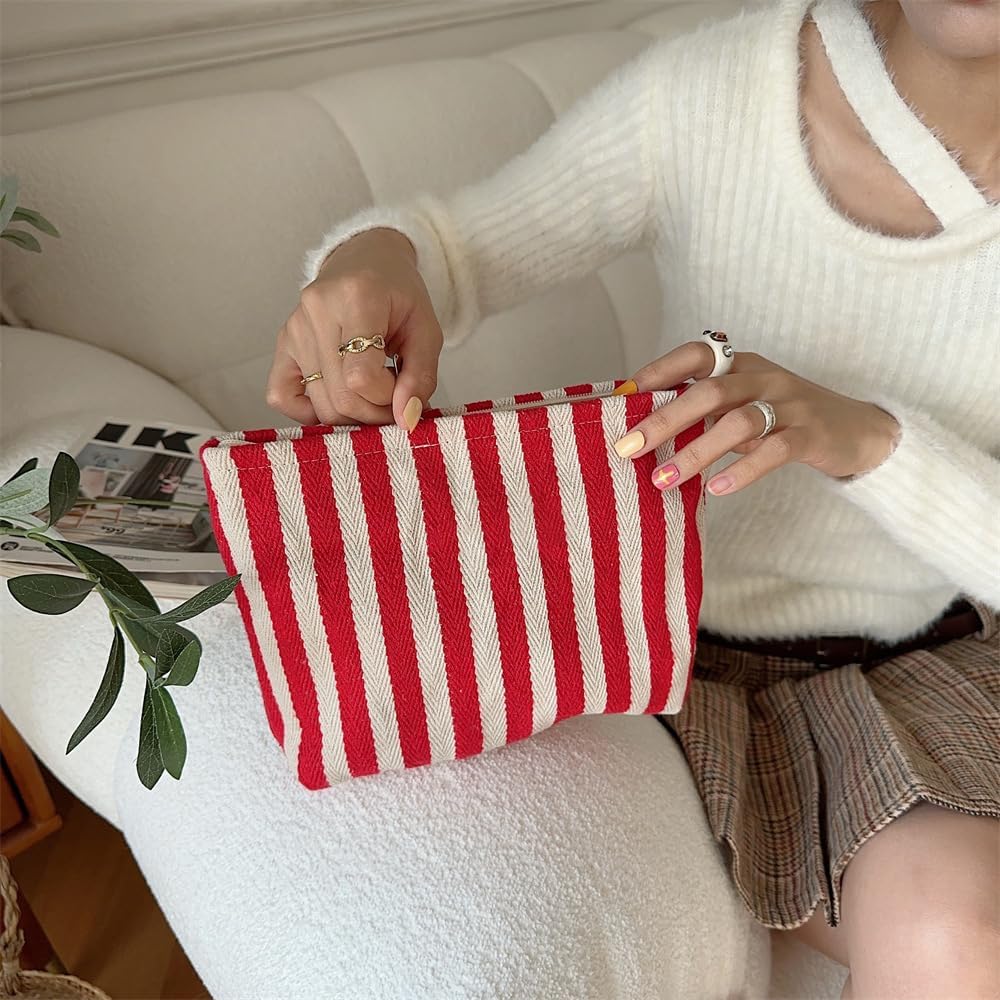 PAZIMIIK Makeup Bag Large Cotton Zipper Pouch for Purse Travel Canvas Make Up Organizer for Women Cosmetic,Stripe Red
