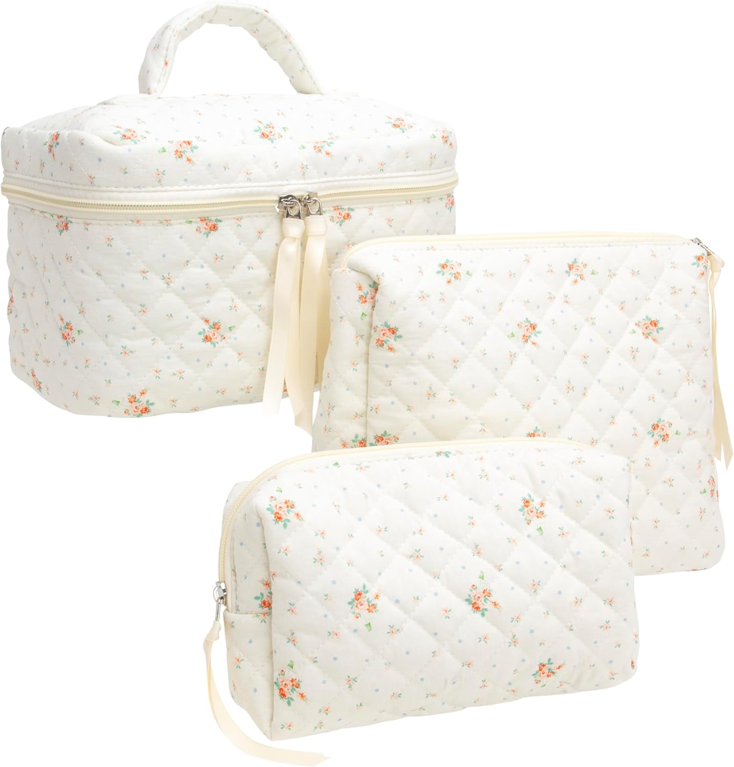 PAZIMIIK 3PCS Makeup Bag SET Large Travel Quilted Zipper Soft Cosmetic Case Pouch for Women Girls Make Up,Floral White