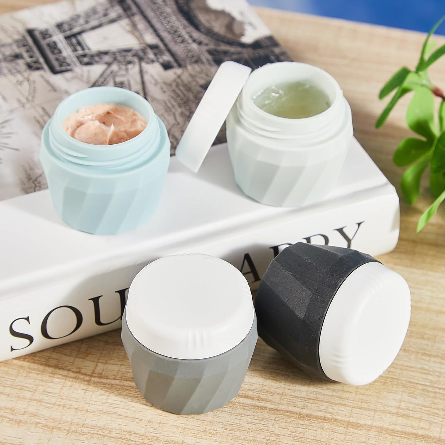 Travel Containers for Toiletries, Premium Cosmetic Silicone Cream Jars, TSA Approved Leak-Proof Refillable Travel Size Toiletries with Clear Bag for Cosmetic Face Body Cream (Gray)