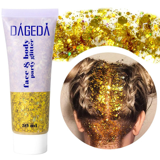 DAGEDA Body Glitter Gel, Face Glitters Body Gel Sequins Shimmer Liquid Eyeshadow, Chunky Glitter for Face Hair Nails, Holographic Cosmetic Laser Powder Festival Glitter Makeup 50ml(Gold
