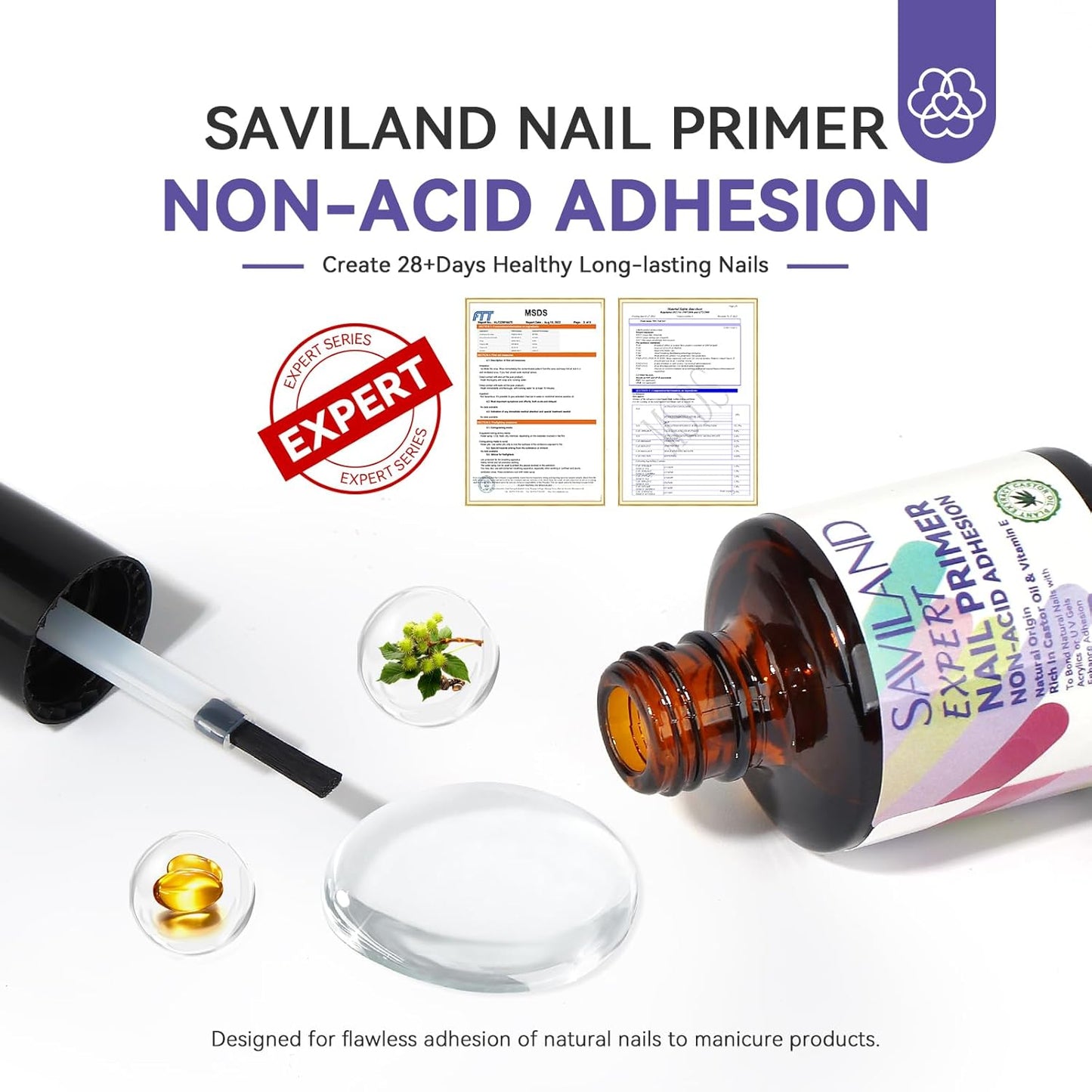 SAVILAND Nail Primer No Lift: 2024 Acid Free Primer Nail Prep Bond with Vitamin E Ingredient Castor Oil for Gel Acrylic Dip Nails, Ultra-Strong Adhesion Protein Nail Bond Nail Supplies Home Salon
