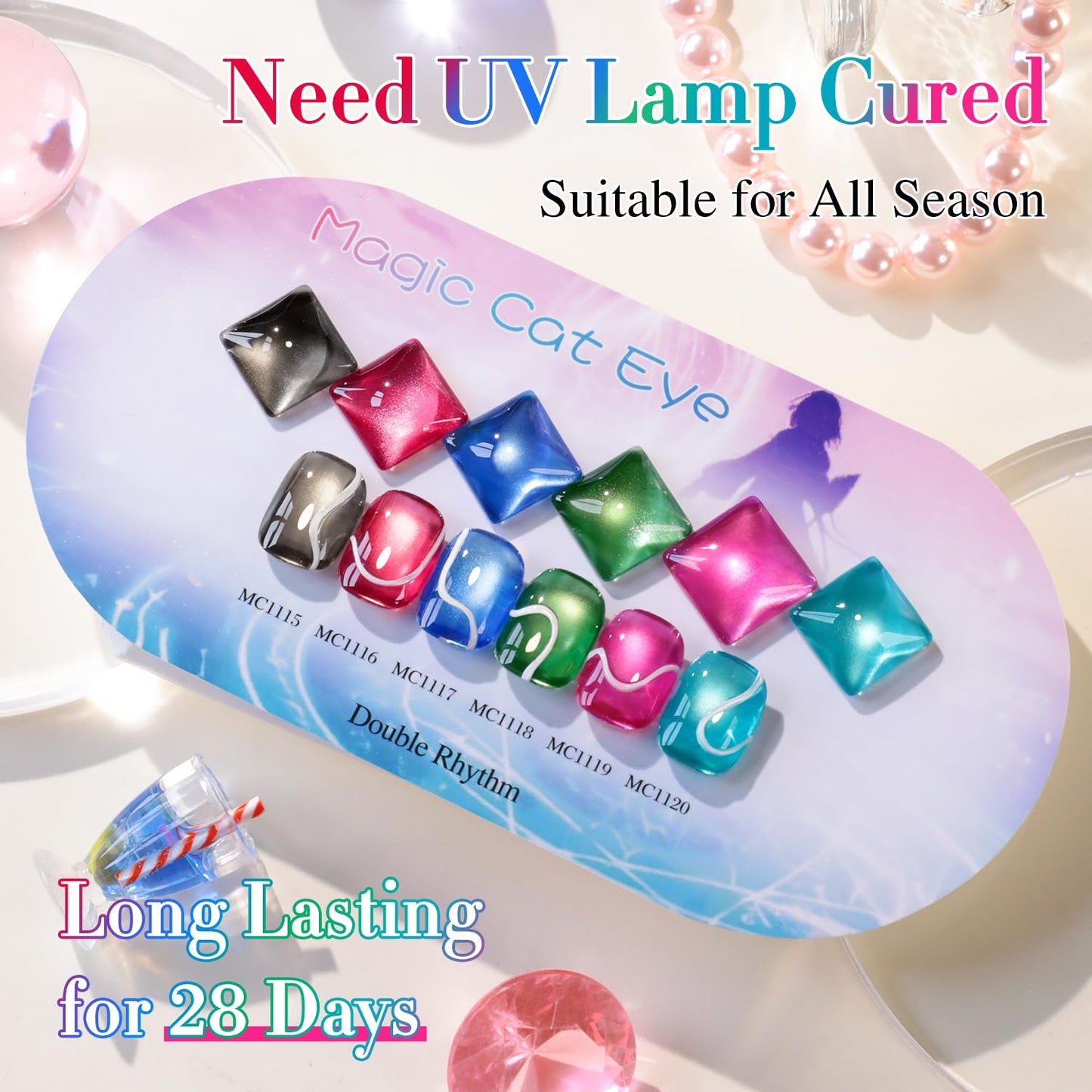 Double Rhythm Cat Eye Gel Polish Set 6 Colors Shimmer Glitter with Magnet Holographic Reflective Magnetic UV Gel Polish Art Kit (Black Burgundy Green Navy 6-Kit 41)