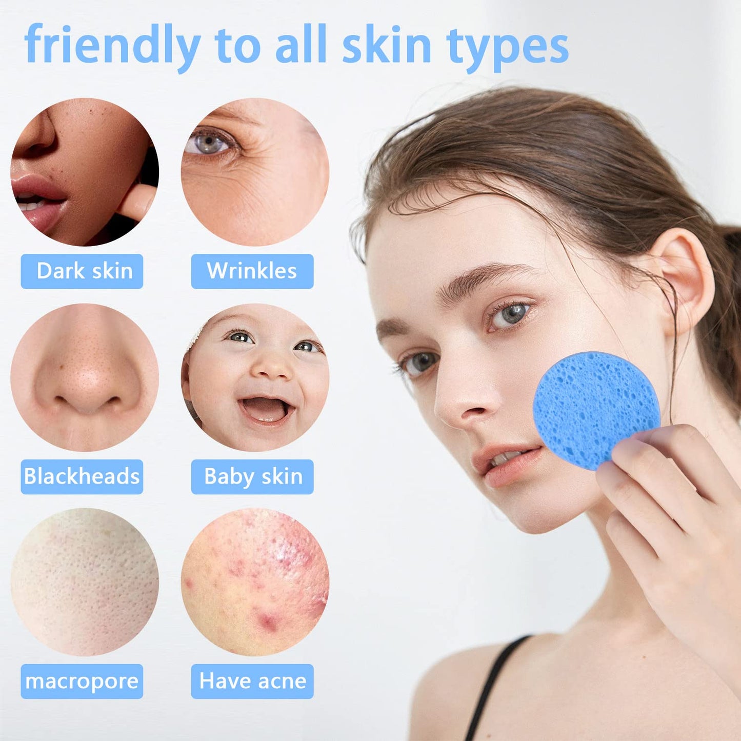 50-Count Facial Sponges Compressed Natural Cellulose Sponge Round Shape Face Sponge for Face Cleansing Exfoliating and Makeup Removal, Blue
