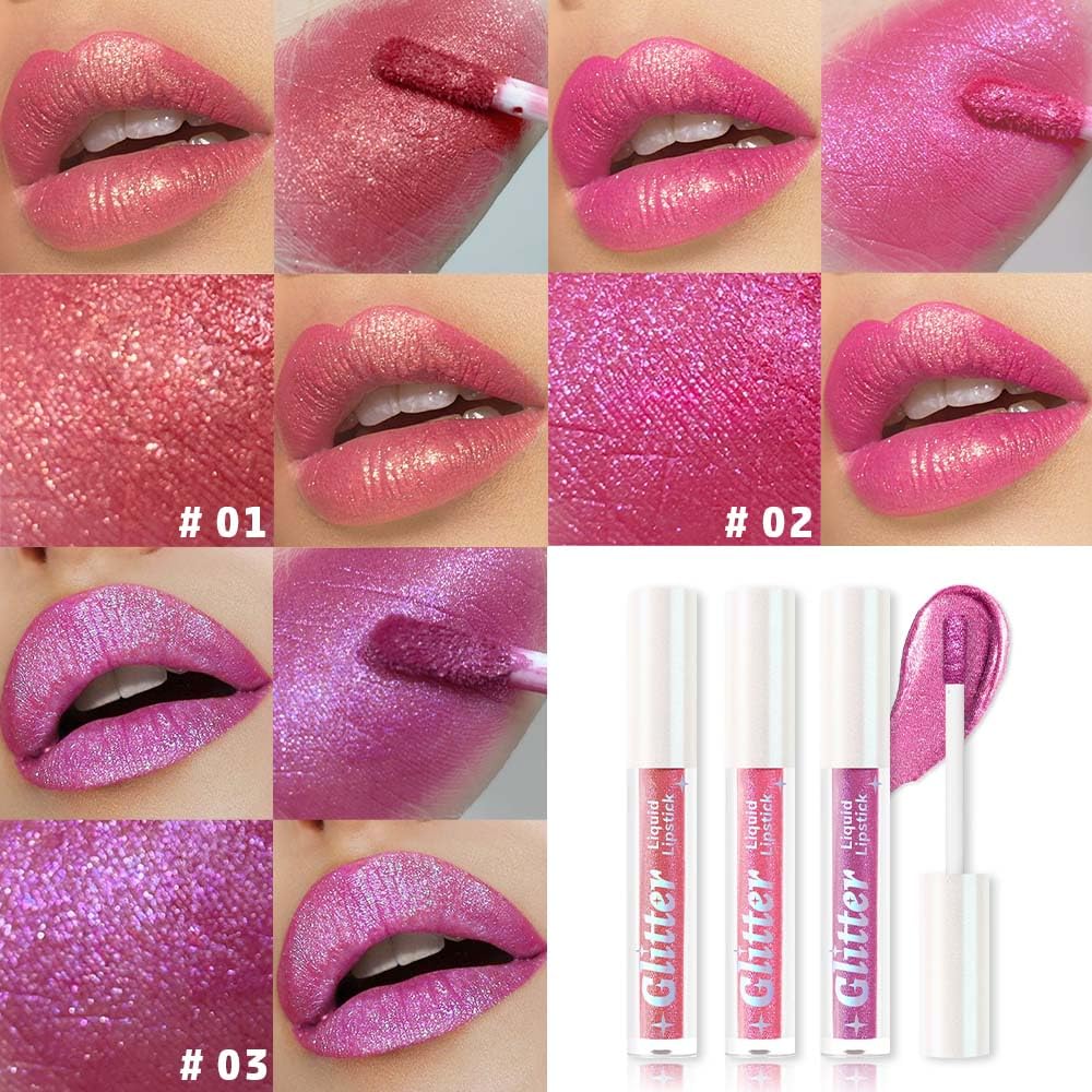 3Pcs Metallic Lipstick for Women,Lightweight Glitter Sparkling Liquid Lipsticks,Shimmer Lip Gloss Stain Long Lasting Waterproof Smudge Proof Non-Drying 24 Hour Full Coverage Lip Makeup,Vegan
