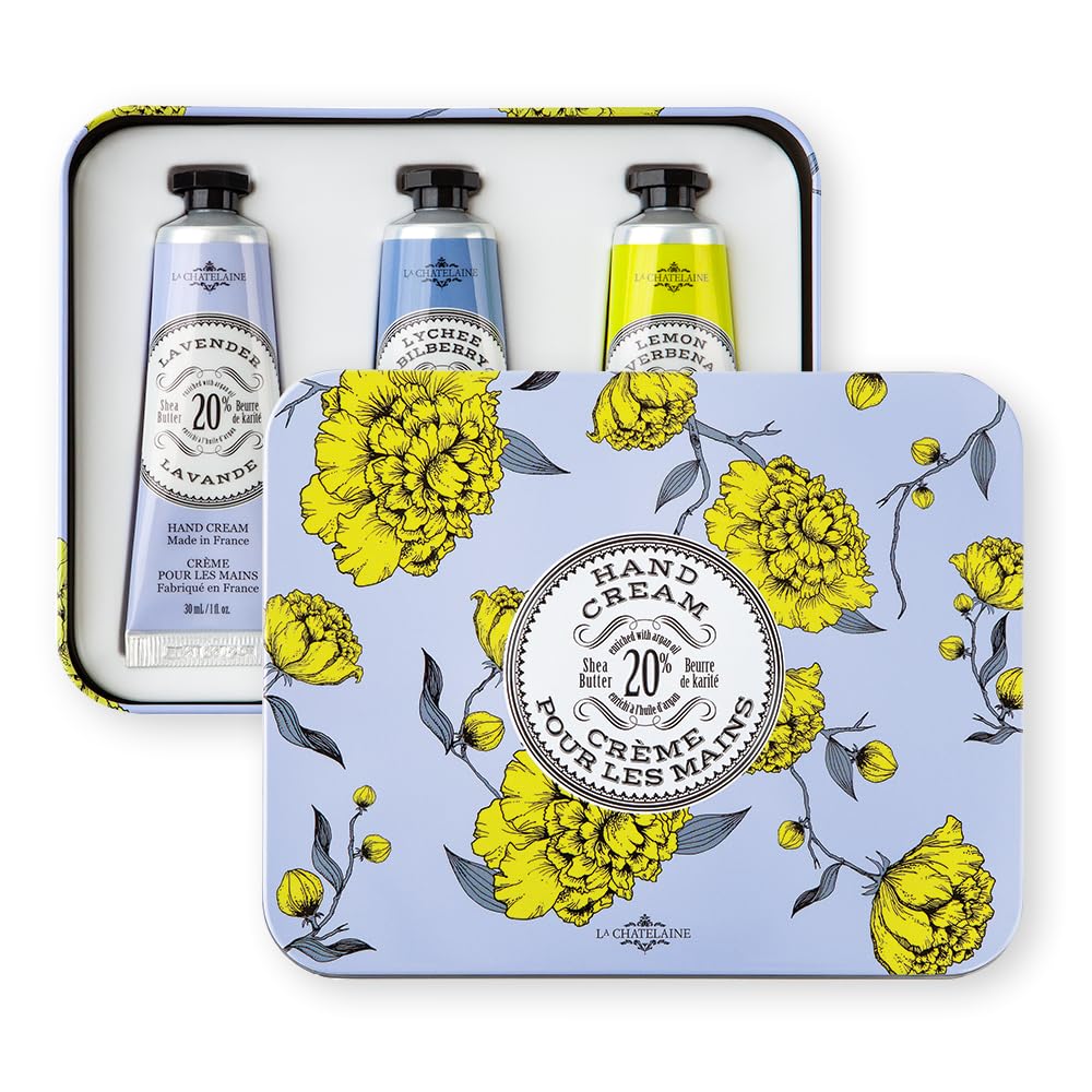 La Chatelaine French Hand Cream Trio Tin, Holiday Gift Set, Hand Lotion for Women, Made in France with 20% Organic Shea Butter (Lavender, Lychee Bilberry & Lemon Verbena or Citrus Fizz) 3 x 1 fl oz