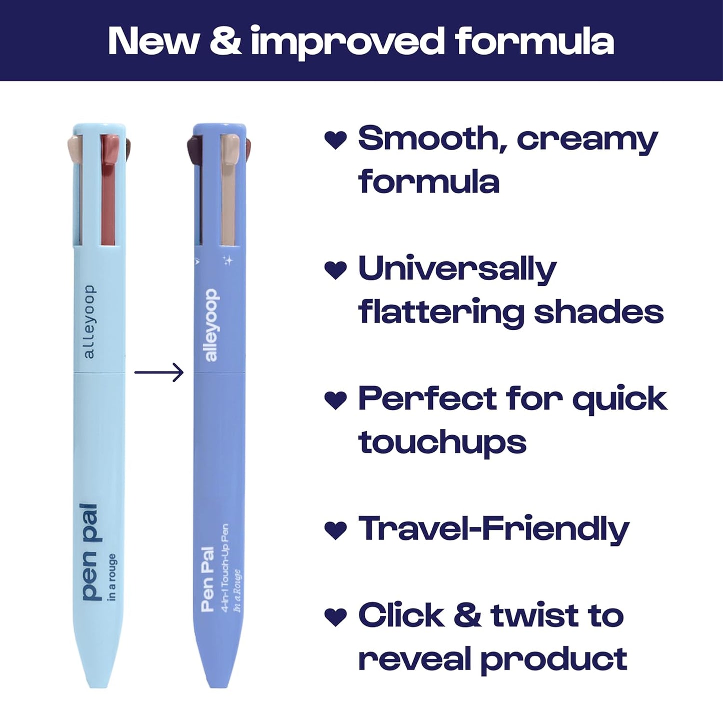 Alleyoop Pen Pal 4-in-1 Makeup Pen - Comes with Eyeliner, Highlighter, Lip Liner, and Eyebrow Pencil - Touch Up On the Go - Cruelty-Free, Vegan (In A Rouge (Light))