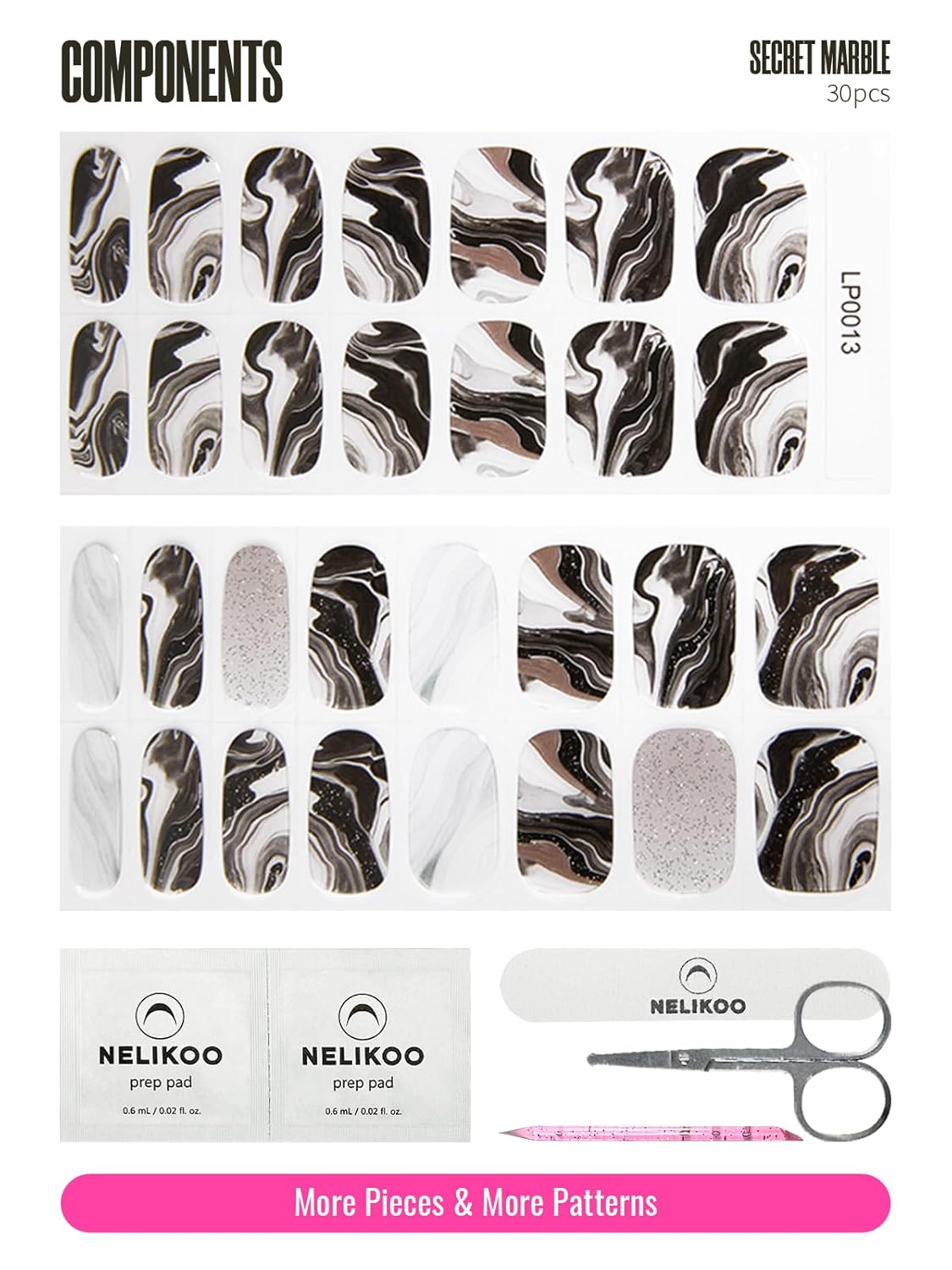 Semi Cured Gel Nail Strips, 30pcs Gel Nail Wraps, Easy to Apply, 2 Weeks Long Lasting (Secret Marble)