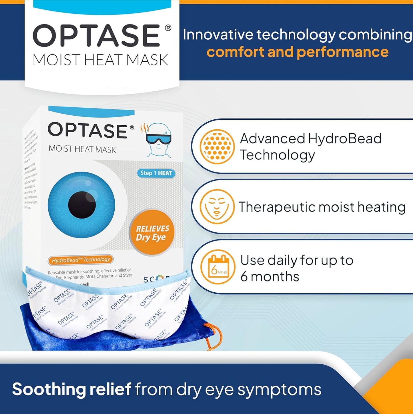 Optase Moist Heat Eye Mask for Dry Eyes - Dry Eye Mask with HydroBead Technology - Washable, Microwaveable Eye Compress for Dry Eyes - Dry Eye Therapy Mask Holds Heat for 10 Minutes - Step 1 Heat