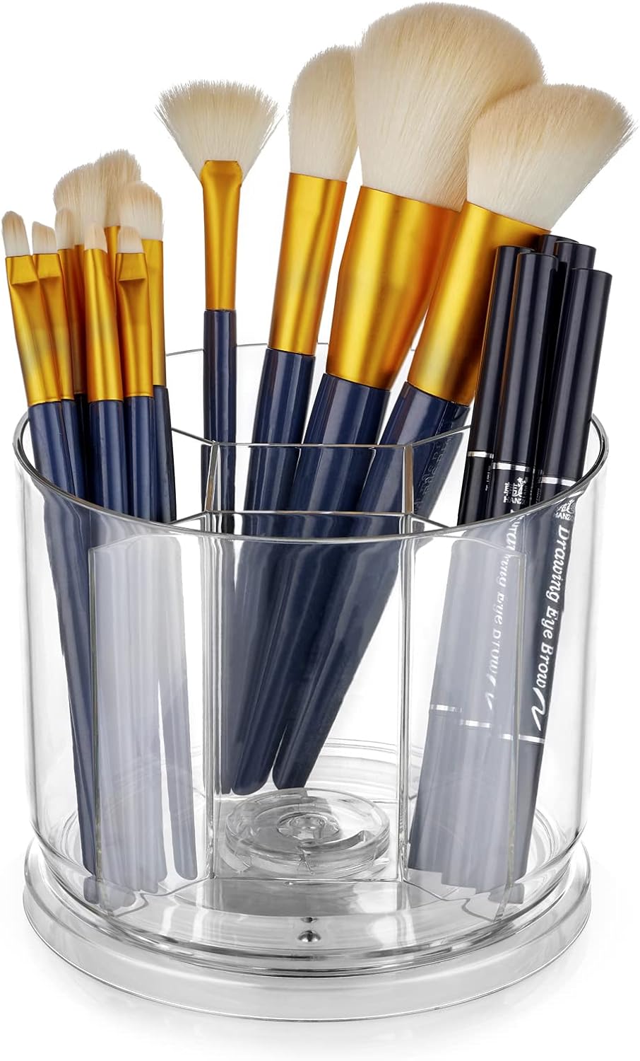 Makeup Brush Holder Organizer -Rotating 360° Clear Storage Cup Containers for Vanity, Desk, Countertop, Spinning Pen Holder for Desk, Round Make up Brush Stand with 5 Slots, for Cosmestics (Clear)