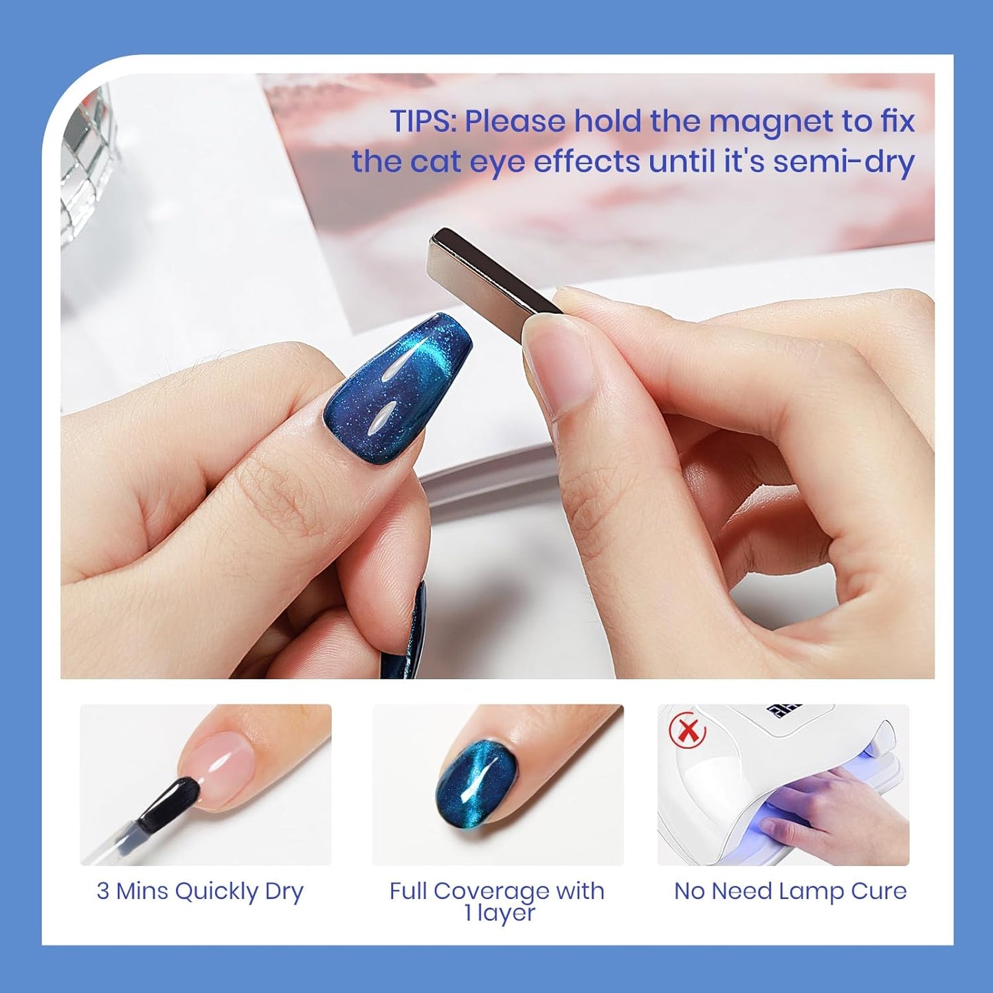 Blue Magnetic Nail Polish Non Gel Fast Dry Cat Eye Nail Polish for Fingernail Air Drying Fast Lacquer Manicure Gift For Women Girls 16ml, 0.54fl oz