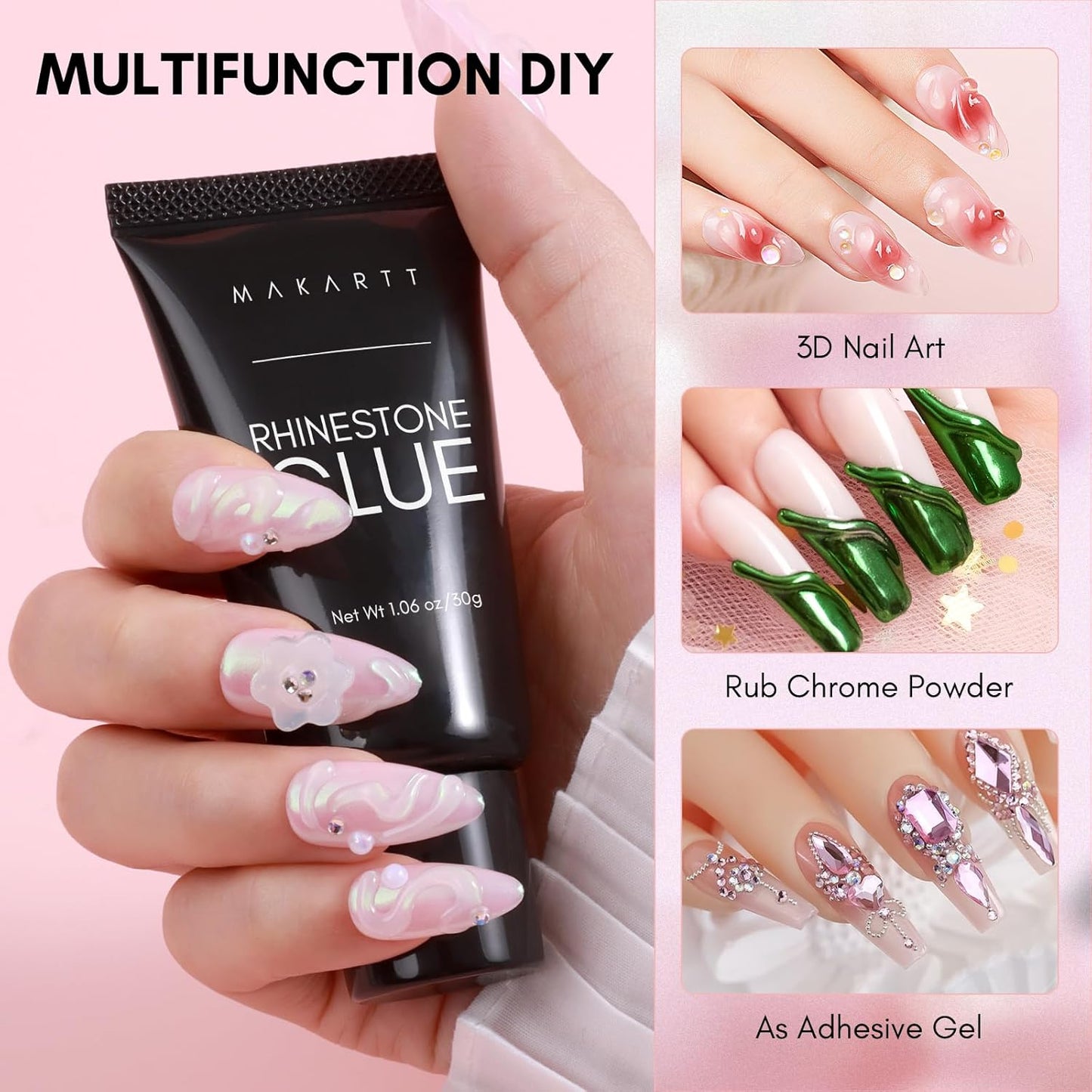 Makartt Nail Rhinestone Glue with 3D Gel Kit – Super Strong Nail Charm Glue & Sculpting Gel for DIY Nail Art, Drawing, Molding & Embossed Designs, Easy to Use for Nail Lovers & Beginners