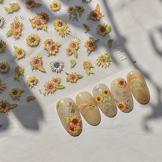 Sunflower Nail Stickers Spring Summer Nail Art Decals 5D Embossed Sunflower Stickers for Nails Designs Self Adhesive Nail Art Supplies & Decorations for Women Girls 1 Sheet