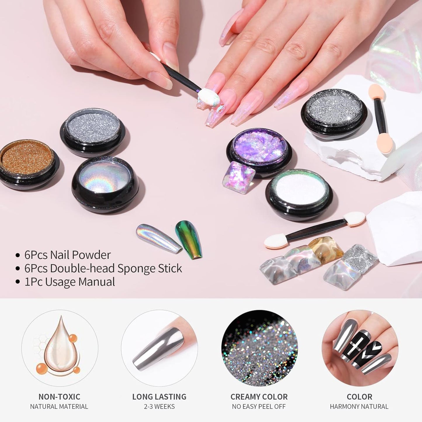 BORN PRETTY Chrome Nail Powder Holographic Nail Art Auroras Mermaid Pearl Nail Powder Reflective Glitter Manicure Pigment Chrome Powder 6 Boxes