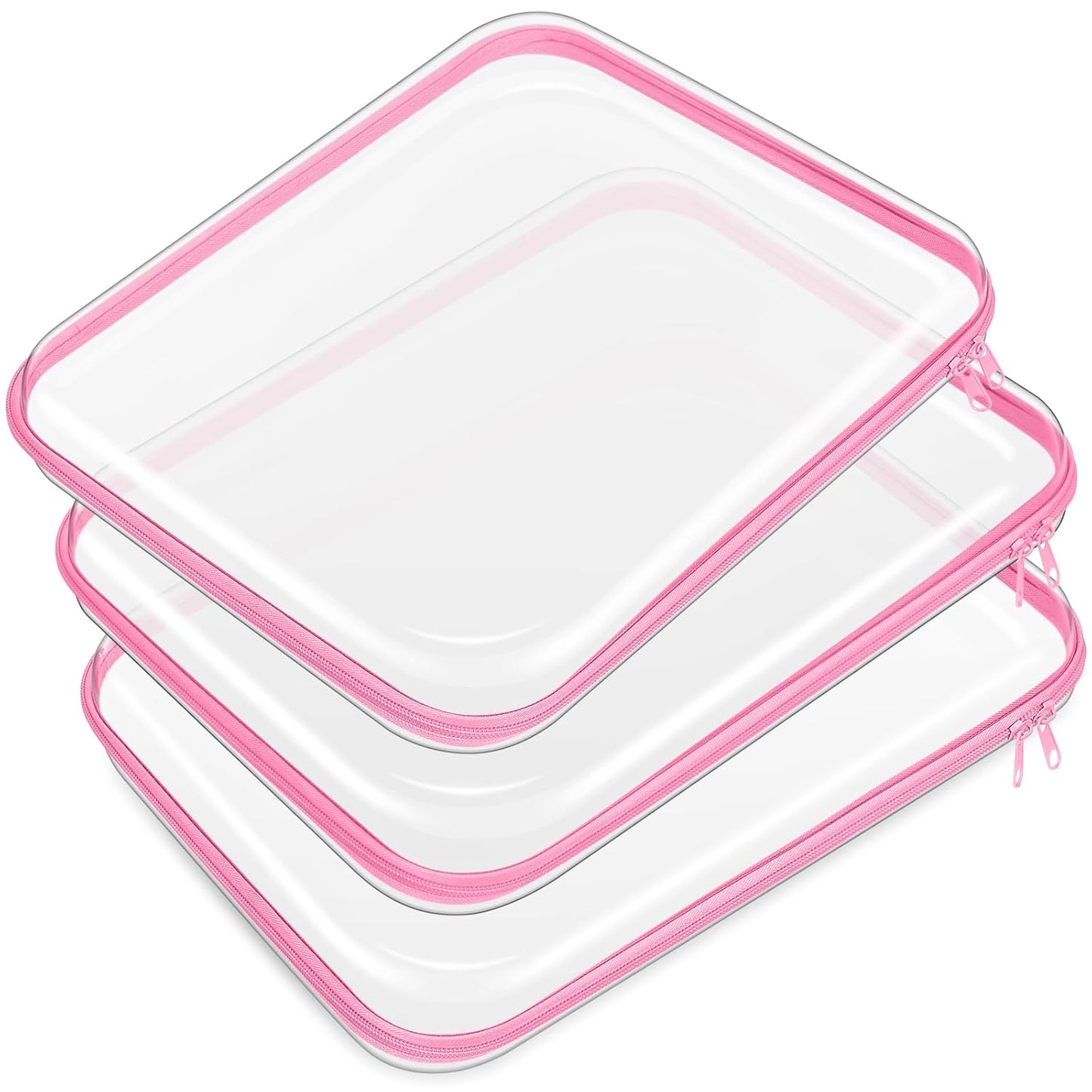 Hoolerry 3 Pcs Clear Hard Zipper Case Plastic Pouch Transparent Hard Case Clear Makeup Bag Portable Travel Organizer Bin for Cosmetics, Building Blocks, Puzzles(Pink,L)