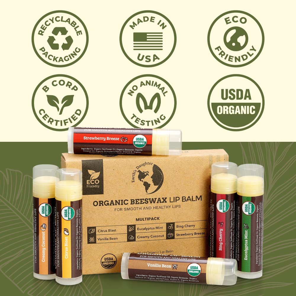 Earth's Daughter USDA Organic Lip Balm 6-Pack - Fruit Flavors, Beeswax, Coconut Oil, Vitamin E - Best Lip Repair Chapstick for Dry Cracked Lips - Moisturizing Lip Care