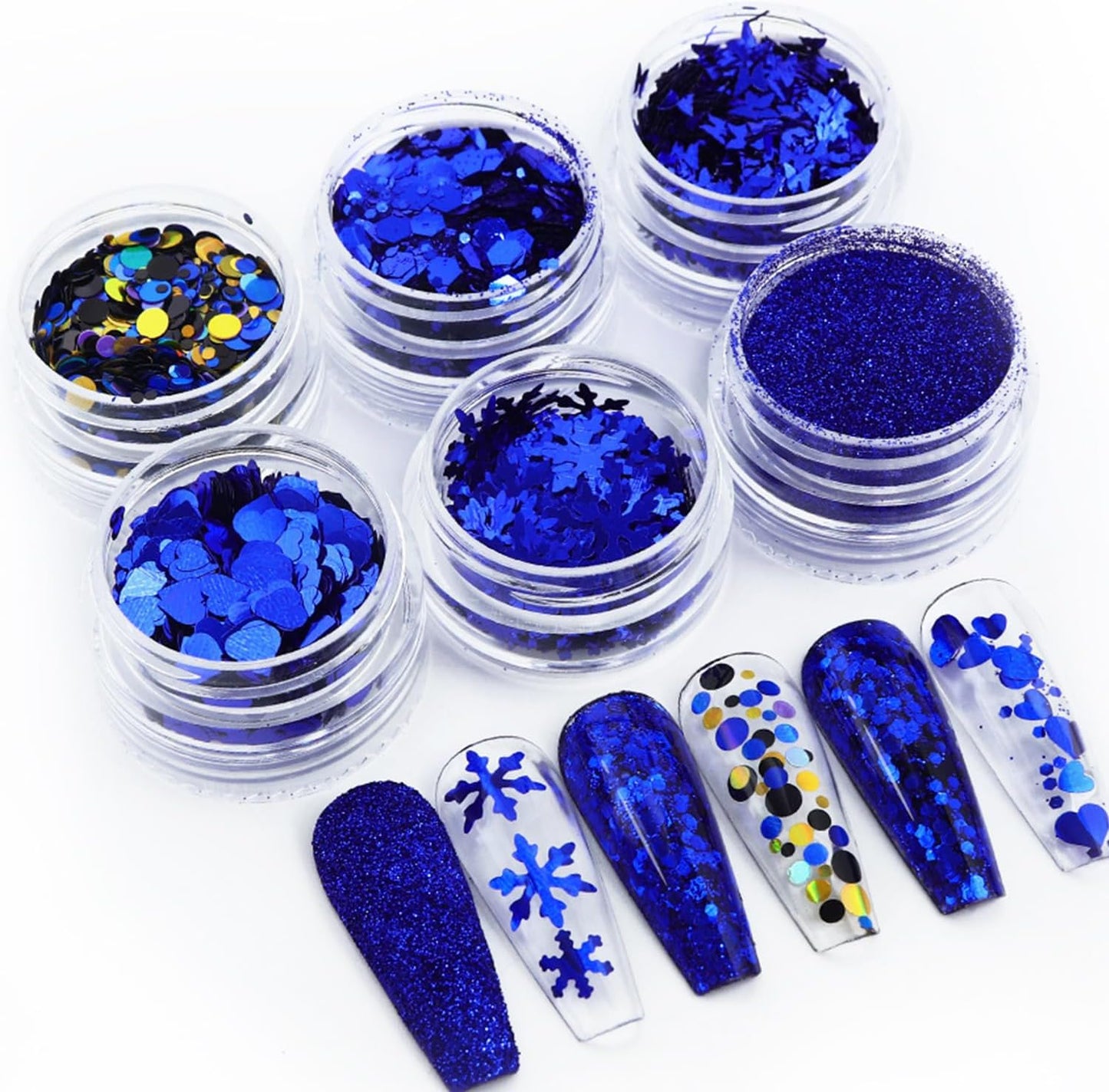 Snowflake Nail Art Glitter Blue Winter Nail Sequins Flakes, Blue Manicure fine Glitter Powder, 3D Holographic Heart Round Hexagon Butterfly Nail Stickers Decals Supplies Nail Charms for Women 6 Box