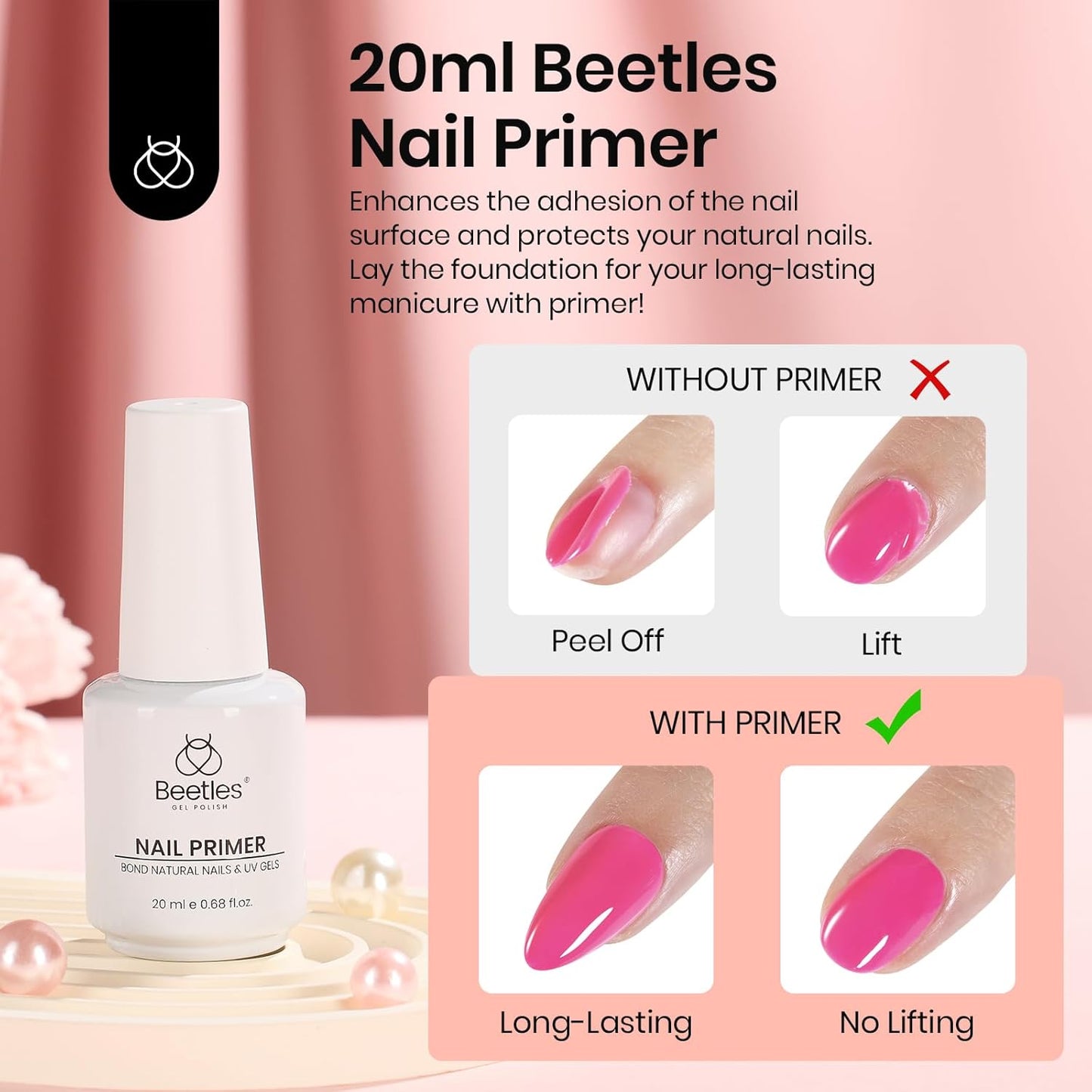 Beetles 20ml Nail Primer for Gel Nail Polish, Hema Free Dehydrator and Primer Bond Acid-Free Fast for Acrylic & UV Gel Gift for Women