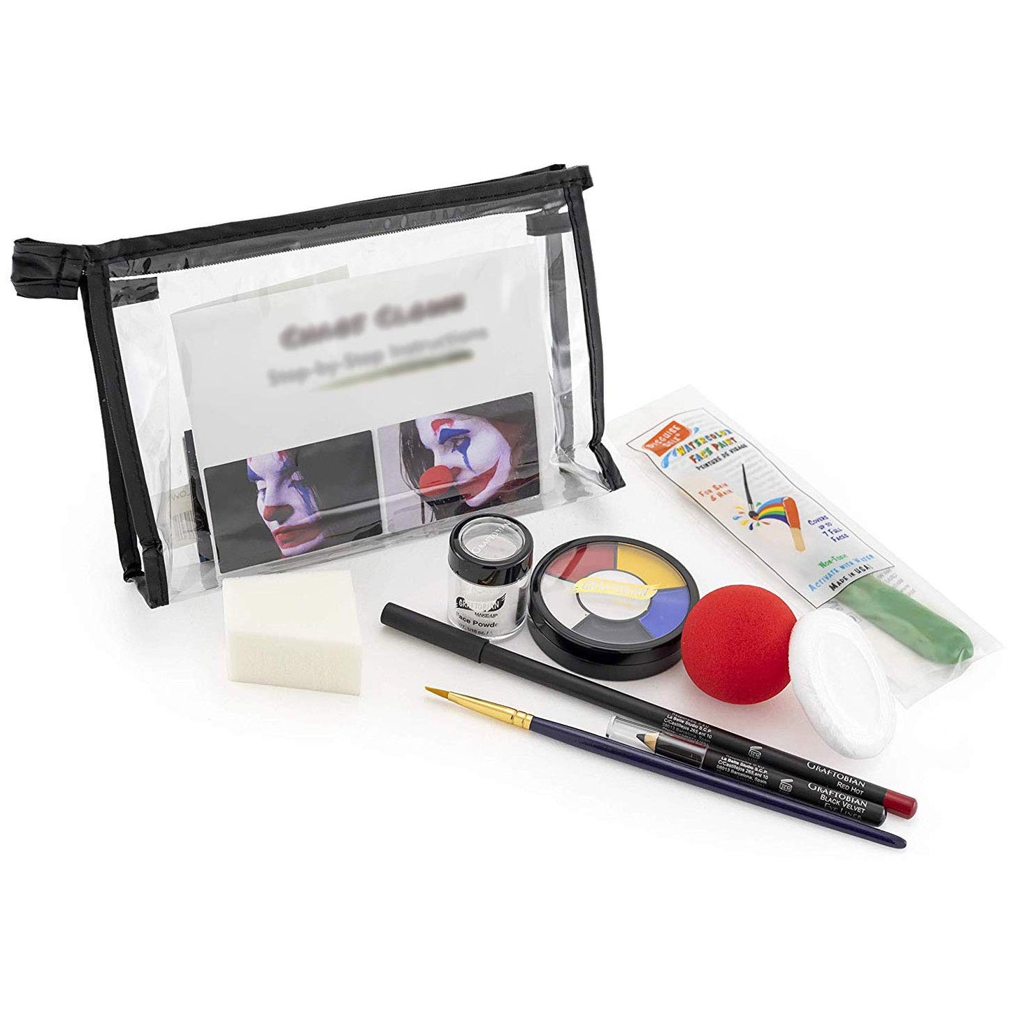 Graftobian Chaos Clown Makeup Kit - Complete 10 Piece Set for Joker Jester or Clown Halloween Costume - Full Color Instructions (Standard)