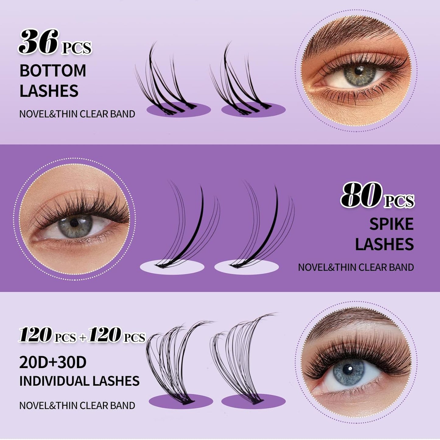 DIY Lash Extension Kit Lash Clusters With Bottom Lashes 20/30/40/50D 12-18mm Multi-types Individual Lashes Bond and Seal, Spike, Volume Lashes Kit Lash Applicator(20/30 Kit)