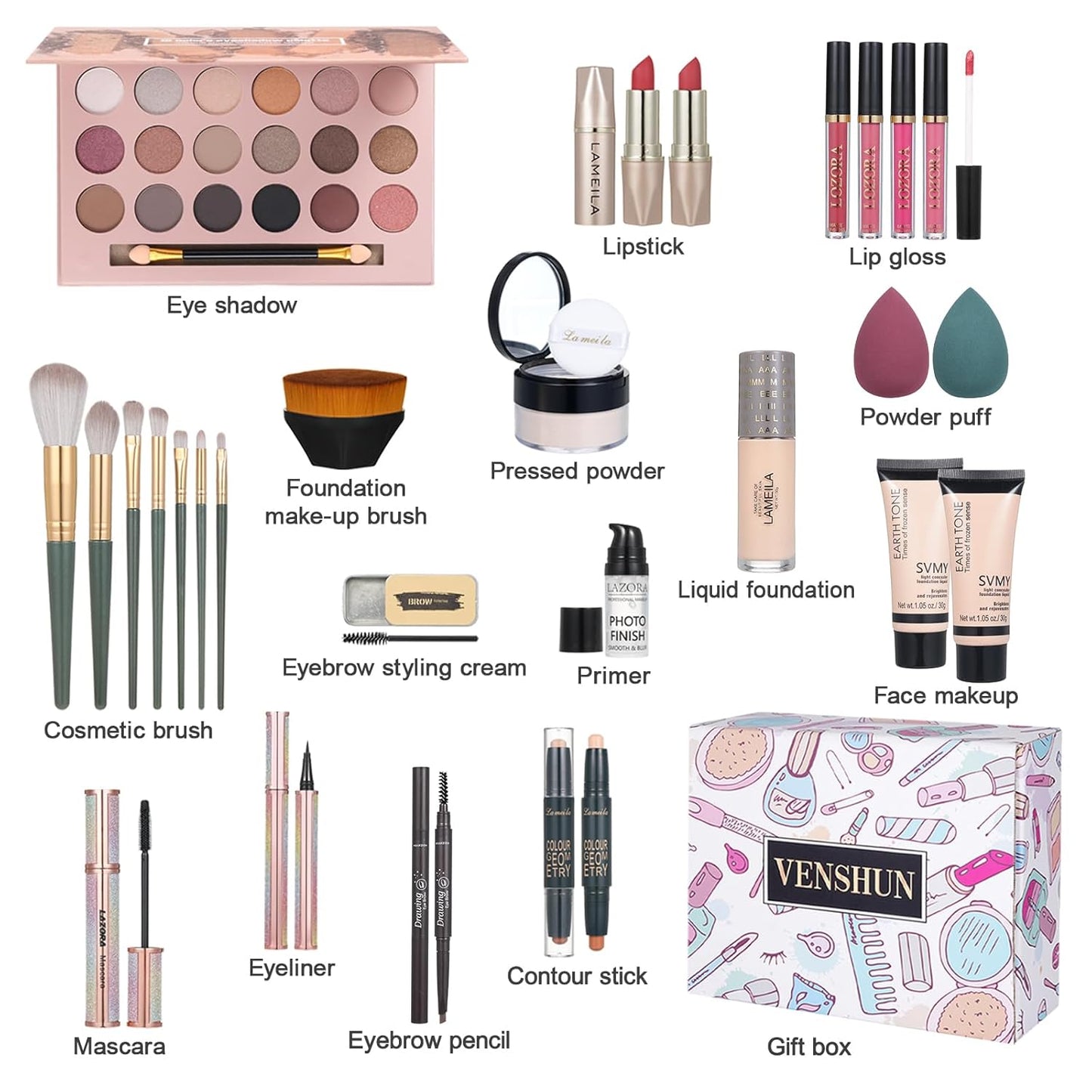 All in One Makeup Kit for Women Full Set Girl Makeup Gift Set Makeup Essentials Set Includes Foundation 18 Color Eyeshadow Palette Lipstick Eyebrow Pencil Makeup Gift Set